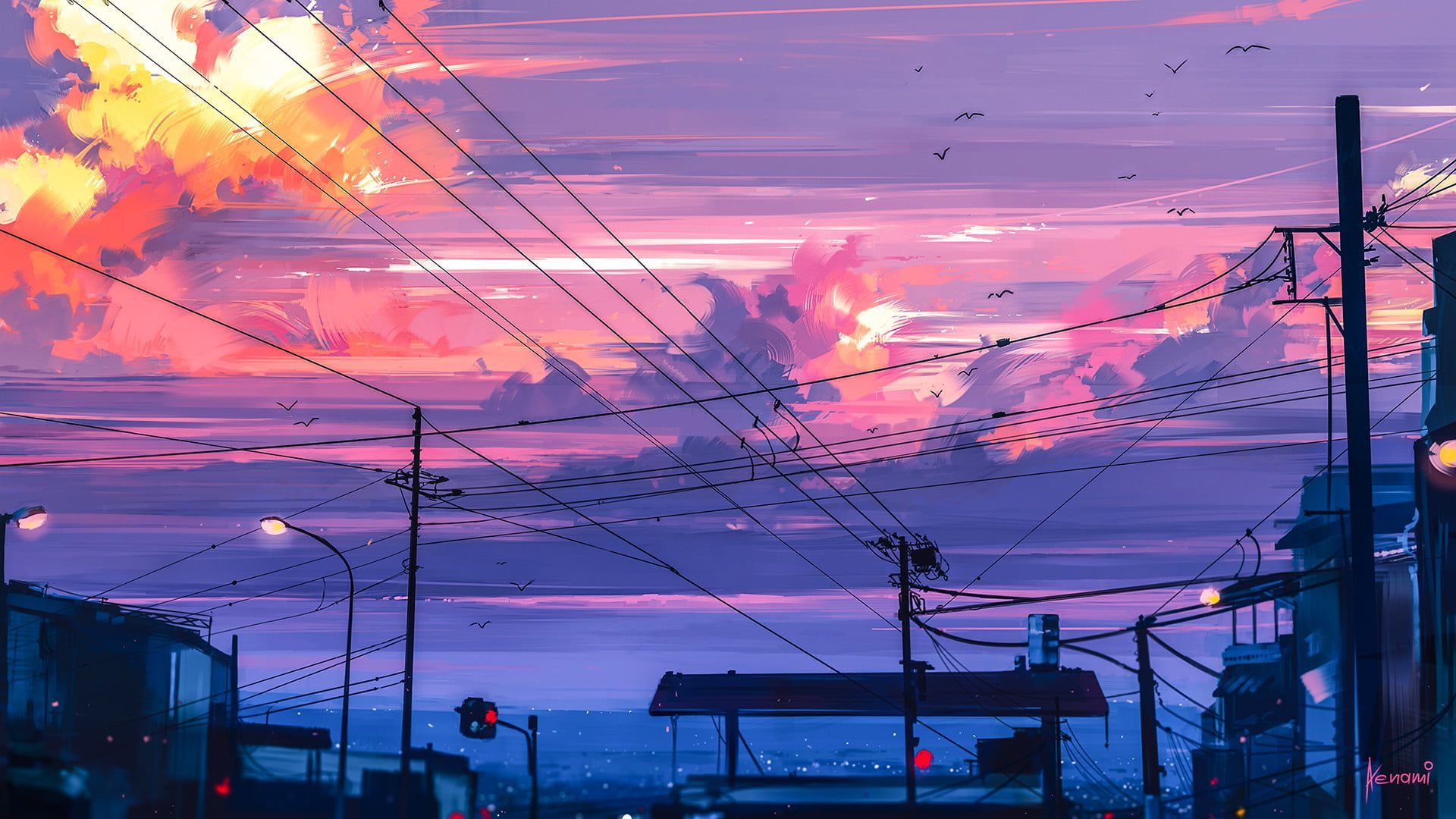 black and white compound bow digital art #illustration #sunset #city #clouds #artwork #lin. Desktop wallpaper art, Scenery wallpaper, Anime background wallpaper