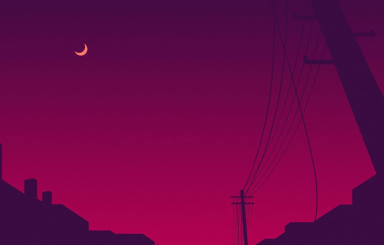Wallpaper purple, night, the city, lilac, pink, the moon, posts, wire, post, moon, night, town image for desktop, section минимализм
