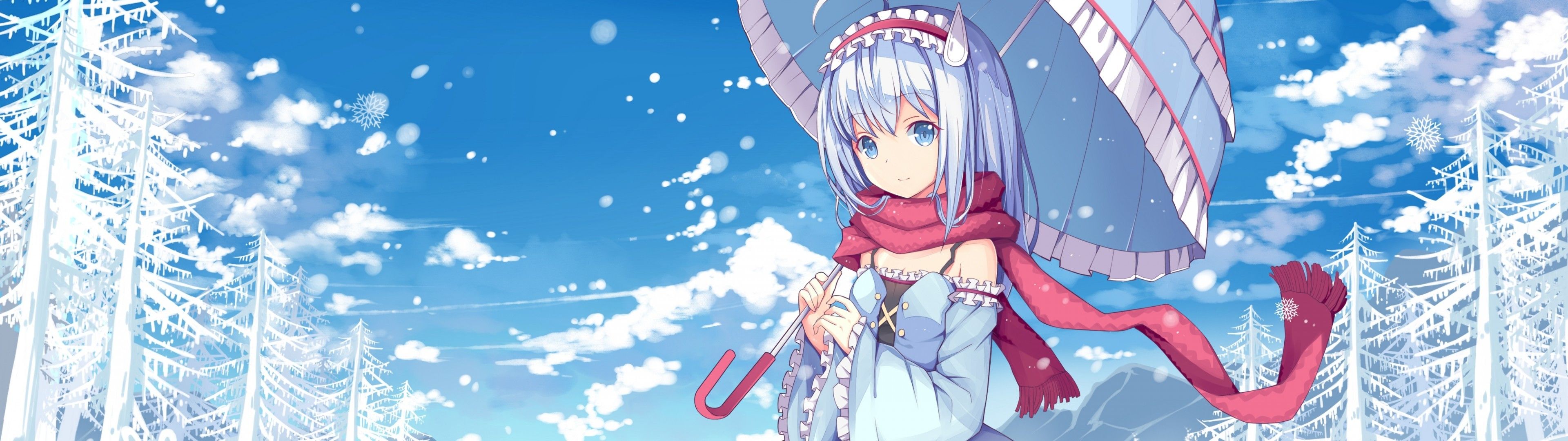 Download 3840x1080 Anime Girl, Blue Hair, Snow, Umbrella, Scarf, Snowman, Clouds Wallpaper