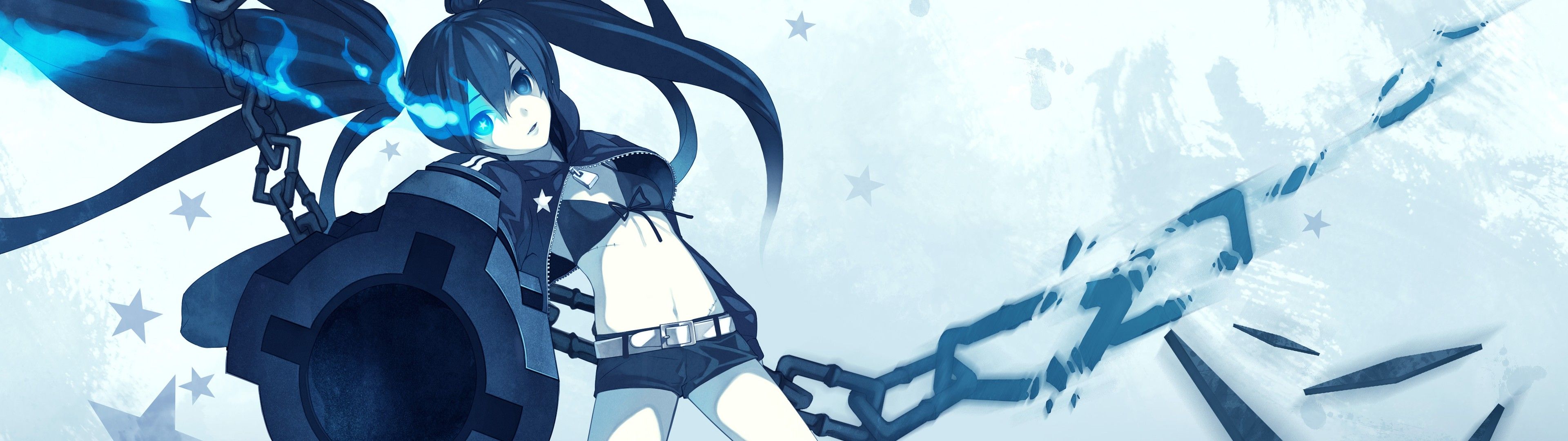 Dual Monitors Black Rock Shooter Anime Girls Long Hair Chains Anime Blue Eyes Wallpaper:3840x1080