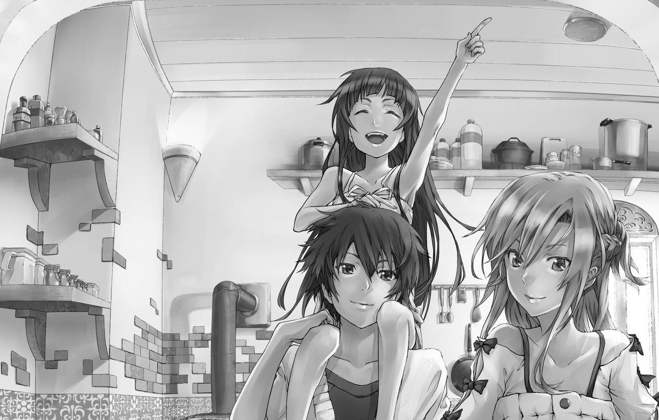 Wallpaper girl, love, happiness, smile, black and white, anime, family, kitchen, girl, banks, guy, Sword Art Online image for desktop, section сёдзё