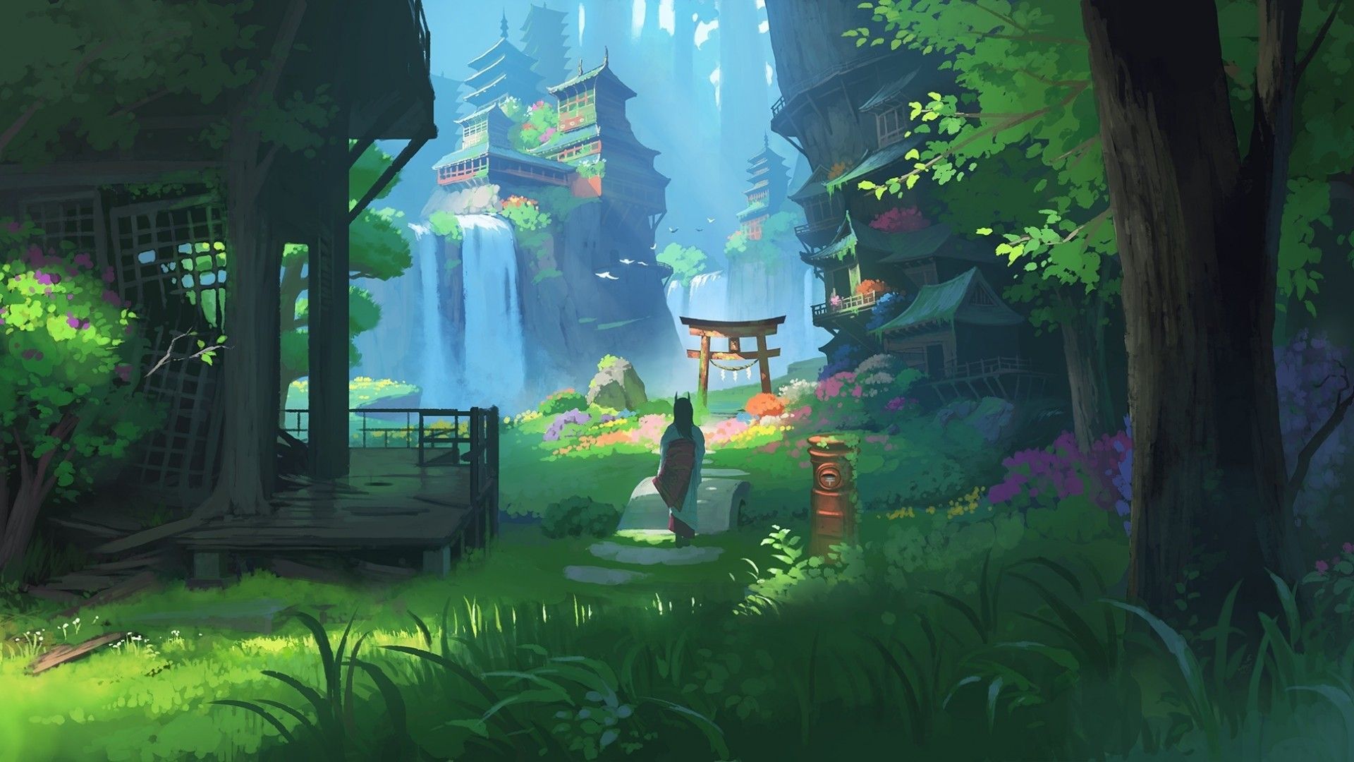Download 1920x1080 Anime Landscape, Waterfall, Fantasy, Asian Buildings, Japanese Clothes, Horns Wallpaper for Widescreen