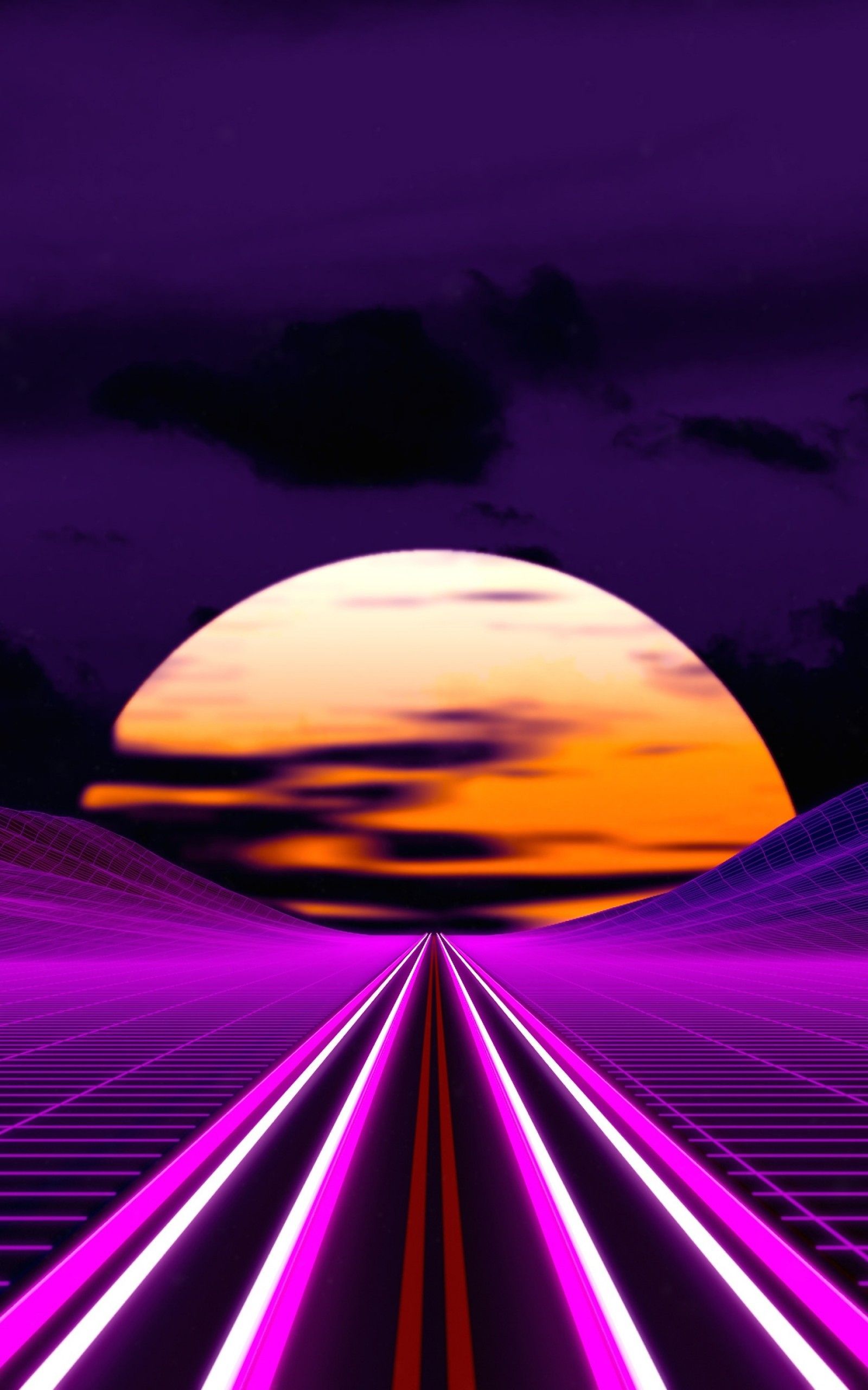 Download 1600x2560 Synthwave, Retrowave, , Moon, Mountain, Road, Field Wallpaper for Google Nexus 10
