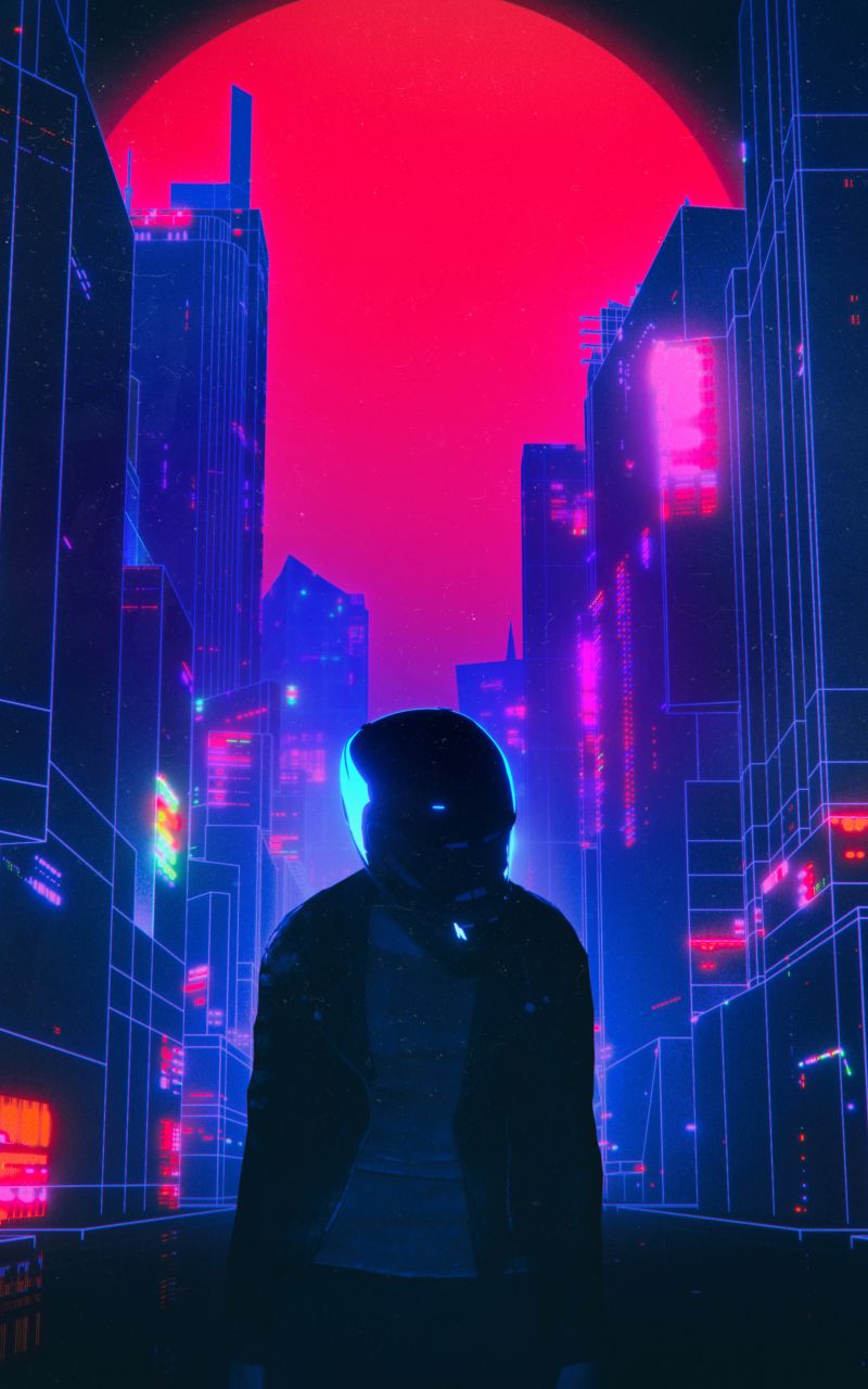 Download 800x1280 Wallpaper Biker, Retrowave, Cityscape, Artwork, Samsung Galaxy Note Gt N Meizu Mx 800x1280 HD Image Background