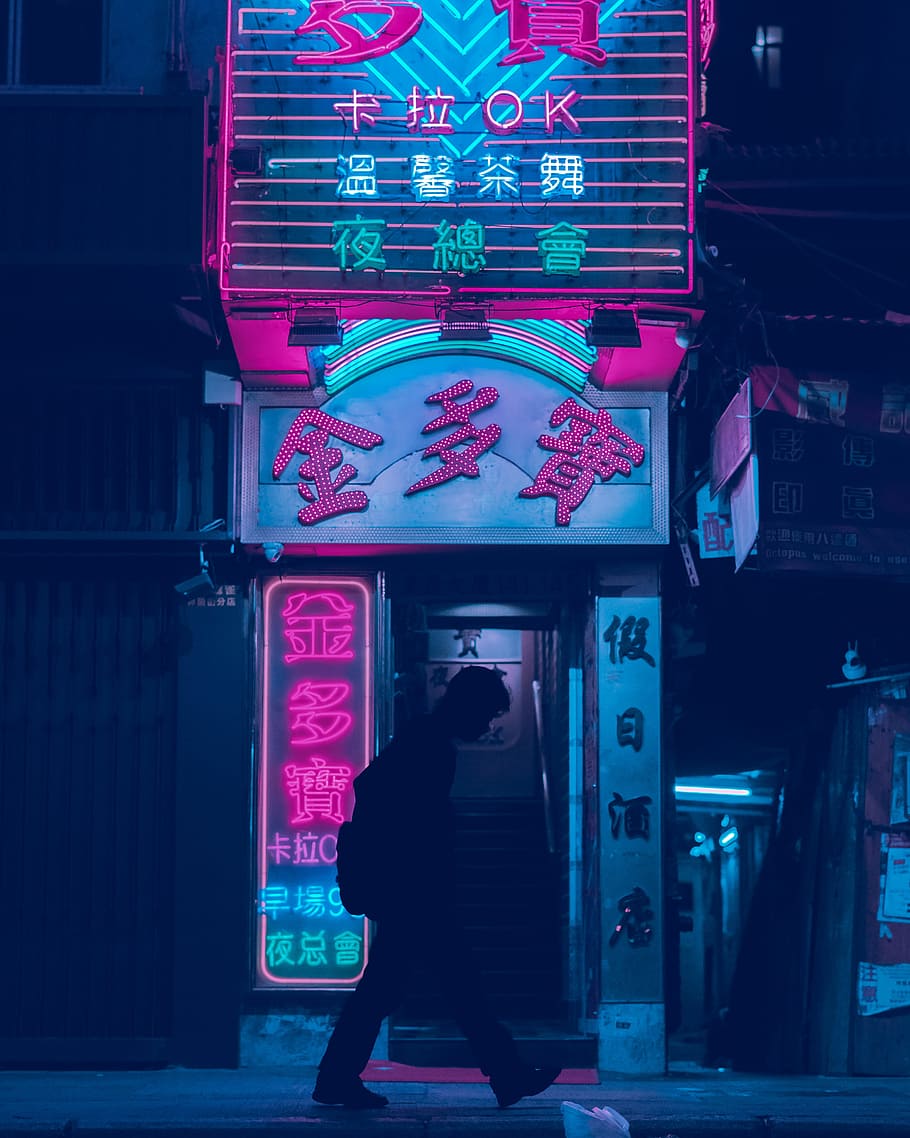 Neon Silhouette, Street, Vaporwave Aesthetic, Night, Anime Aesthetic Background HD Wallpaper