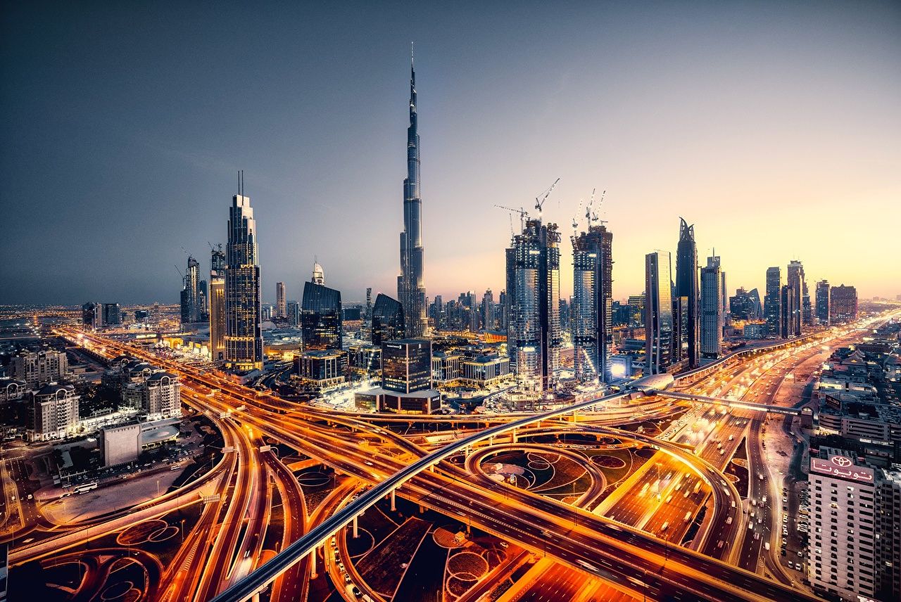 Desktop Wallpaper Dubai Emirates UAE Roads Evening Skyscrapers
