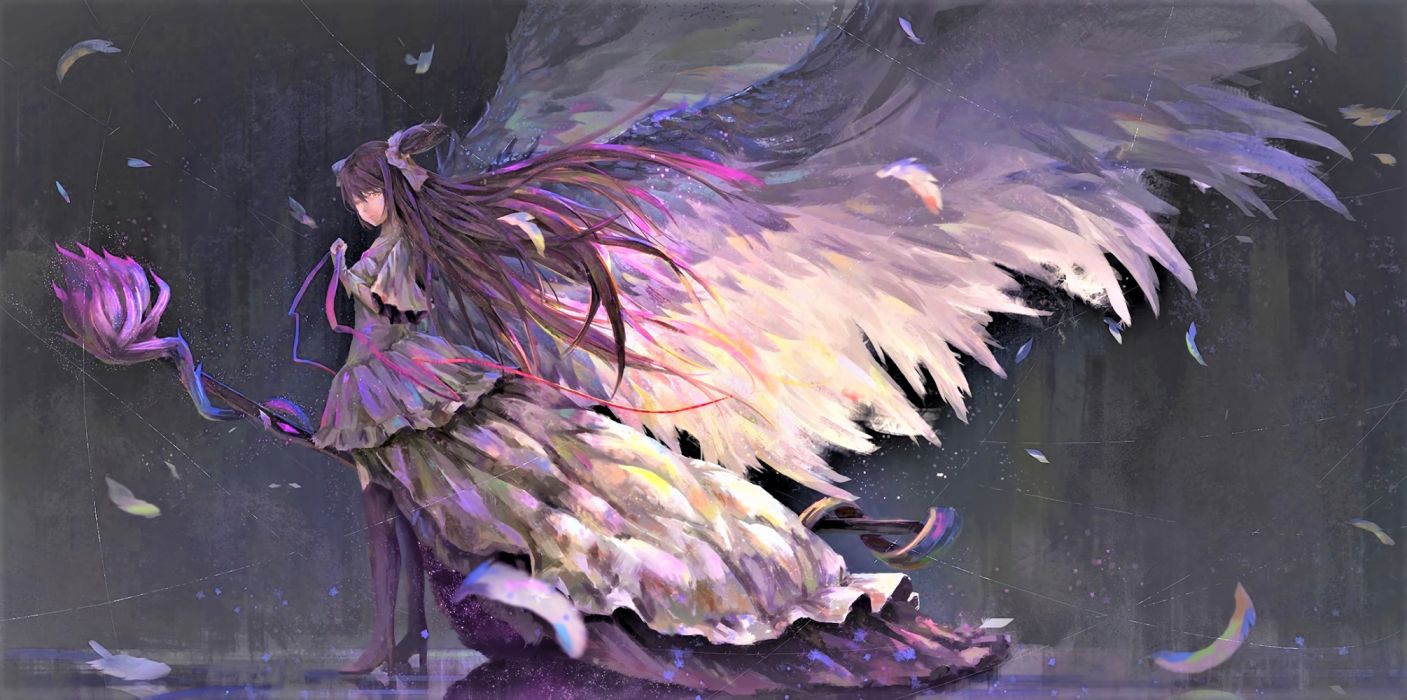 Angel Anime Dress Feather Girl Long Hair Purple Wings wallpaperx1080
