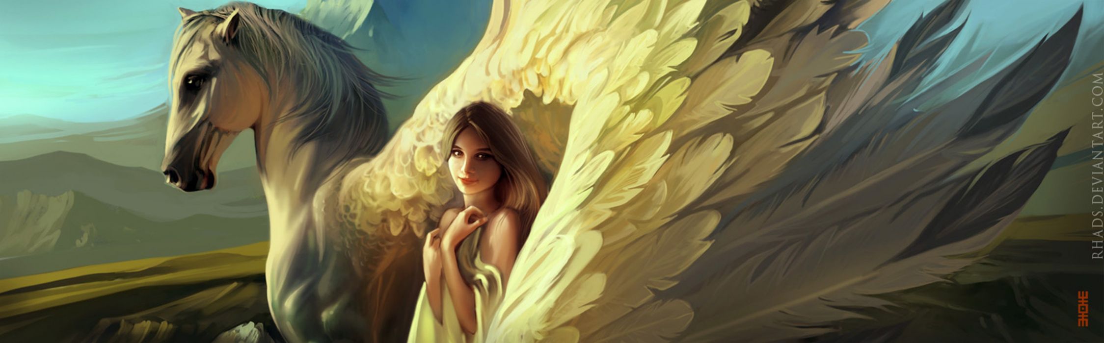 Pegasus angel painting girl artwork mood love fantasy feathers wings wallpaperx1080