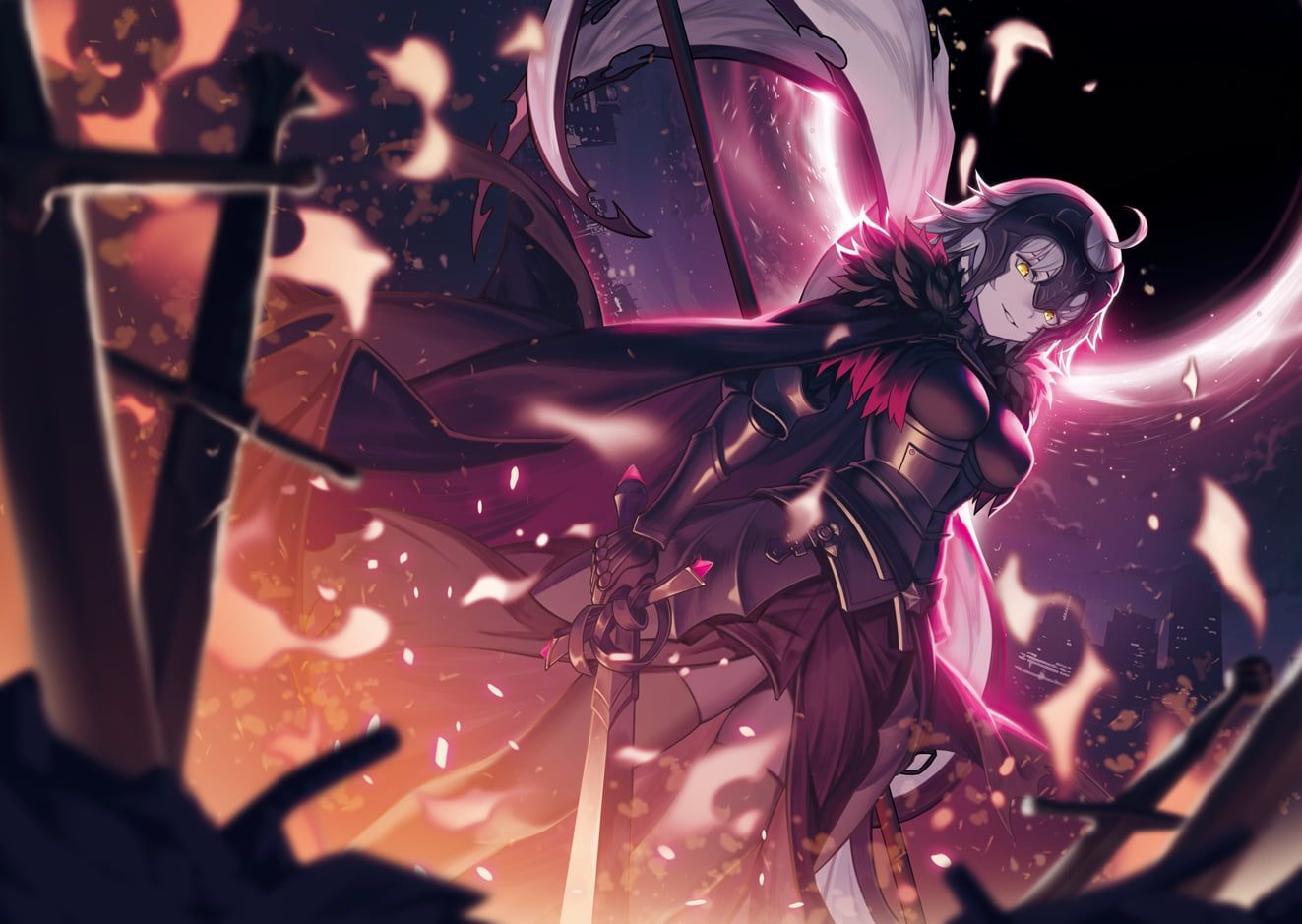 Jeanne (Alter) (Fate Grand Order) Avenger (Fate Grand Order) Fate Series #sword #fire Girl In Armor Yellow Eyes Short Hair. Fate Anime Series, Jeanne Alter, Fate