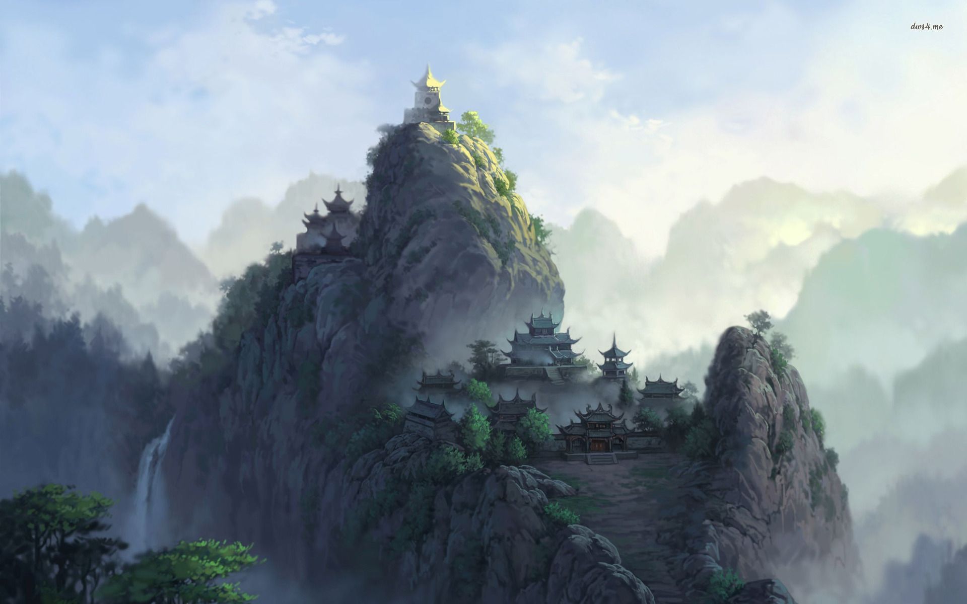 Temple on mountain peak. Fantasy landscape, Scenery wallpaper, Chinese mountains