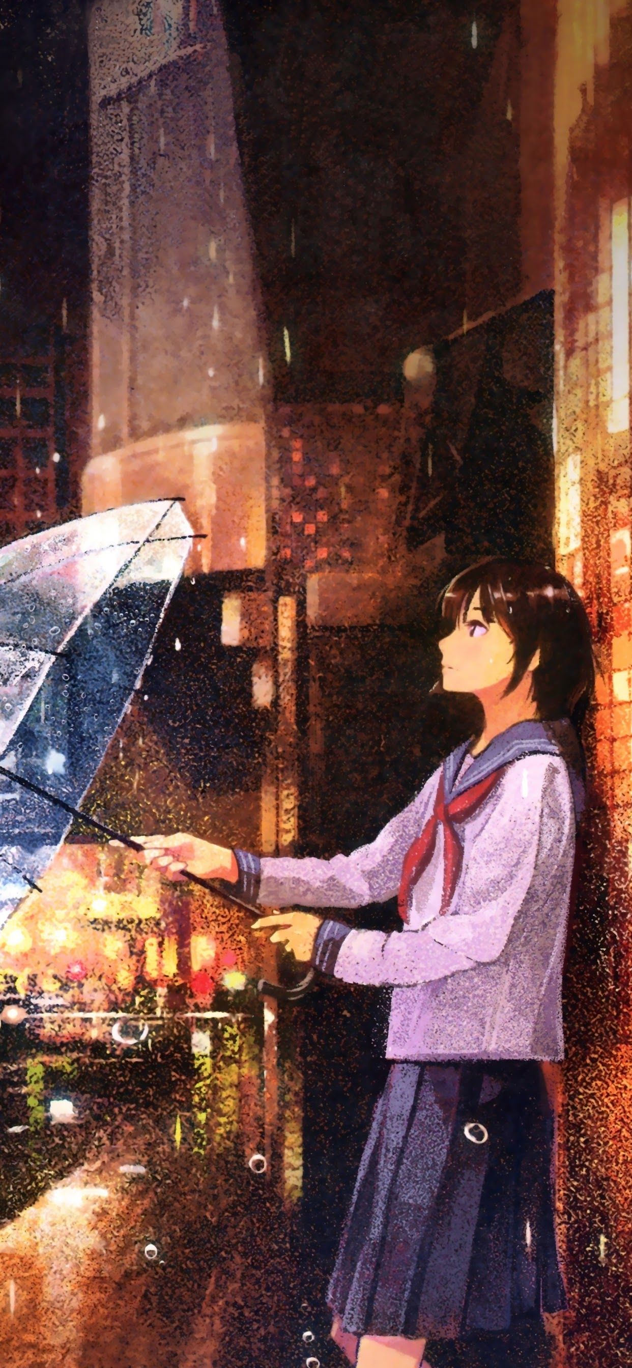 Anime School Girl Waiting in the Rain 8K Wallpaper