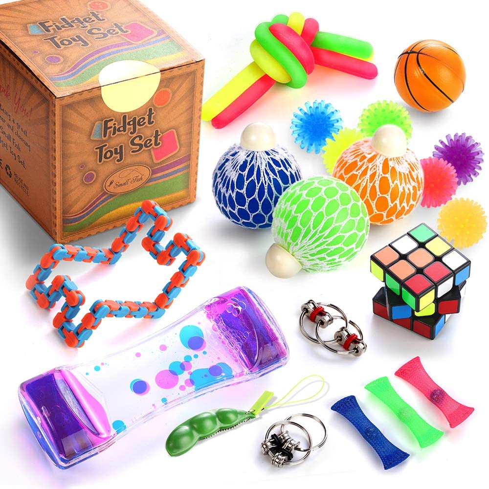 Sensory Fidget Toys Set, 25 Pcs., Stress Relief And Anti Anxiety Tools Bundle For Kids And Adults, Marble And Mesh, Pack Of Squeeze Balls, Soybean Squeeze, Flippy Chain, Liquid Motion Timer