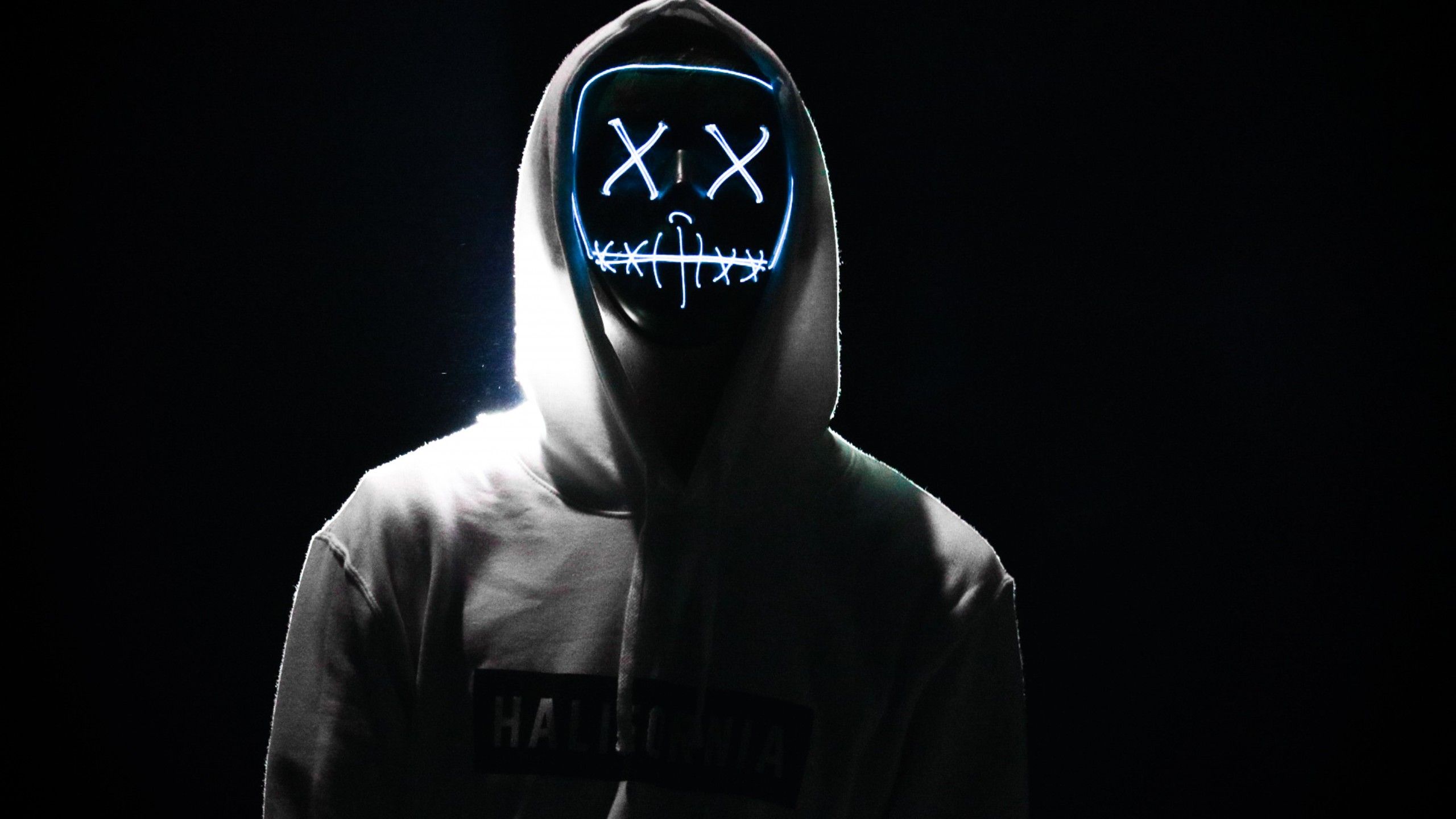 Man 4K Wallpaper, LED mask, Dope, Night, Anonymous, Hoodie, AMOLED, Black background, 5K, Photography
