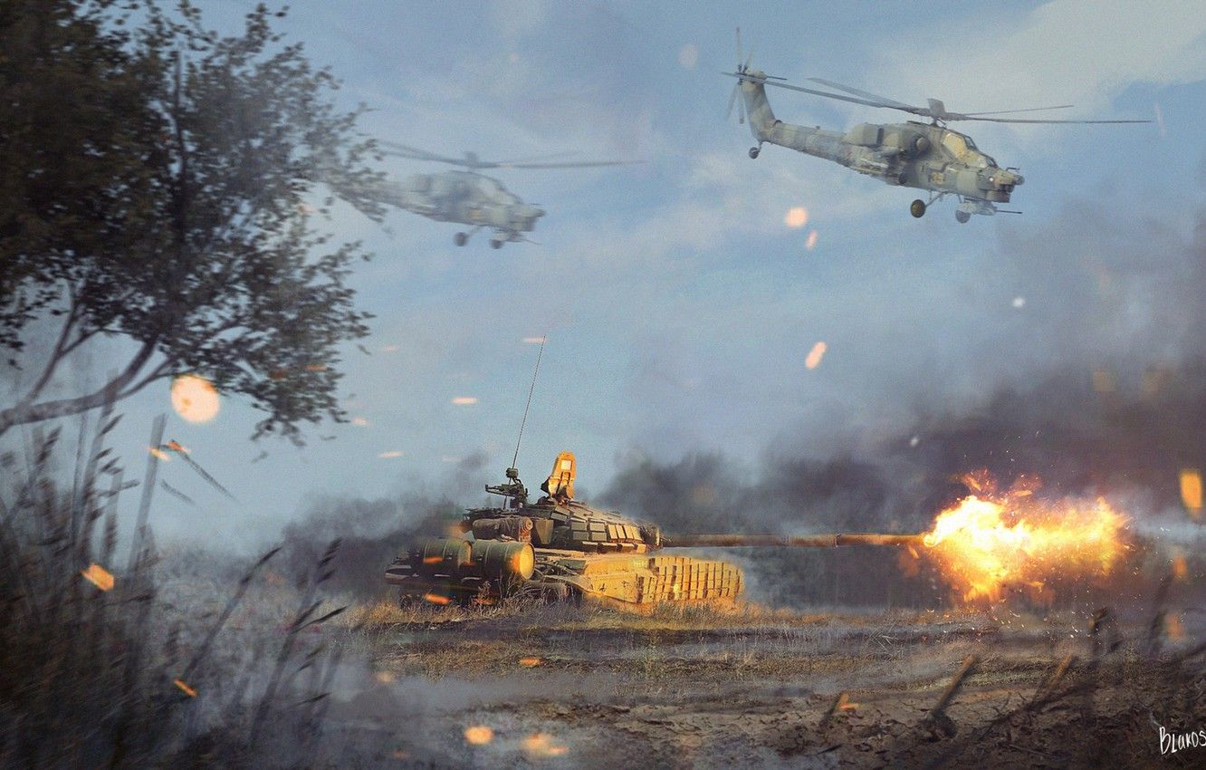 Wallpaper Fire, War, Helicopter, Iron, Sparks, Weapons, Art, Tank, BBC, War Machine, T 72, Mi 28, The Air, Volley, Ми28, By Anatoliy Petrov Image For Desktop, Section оружие