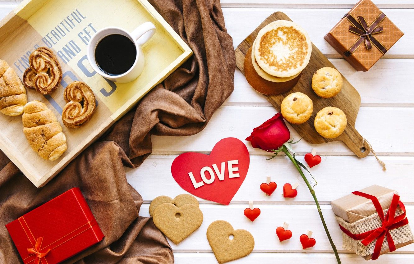 Wallpaper rose, coffee, Breakfast, cookies, gifts, red, love, rose, box, heart, coffe, valentines day image for desktop, section праздники