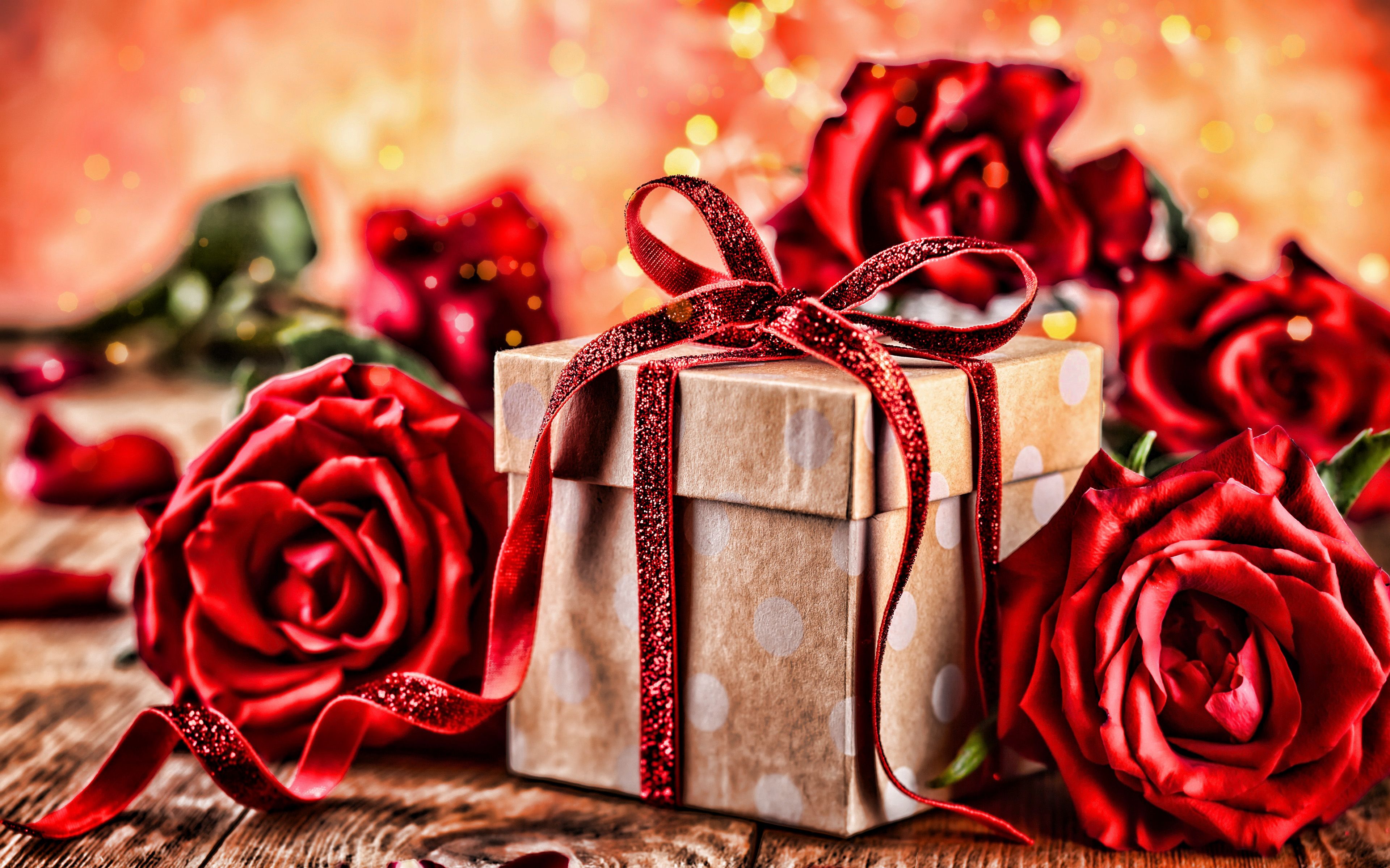 Download wallpaper Valentines Day, 4k, February gift box, red roses, macro, love concept, Valentines Day gift, Saint Valentines Day for desktop with resolution 3840x2400. High Quality HD picture wallpaper
