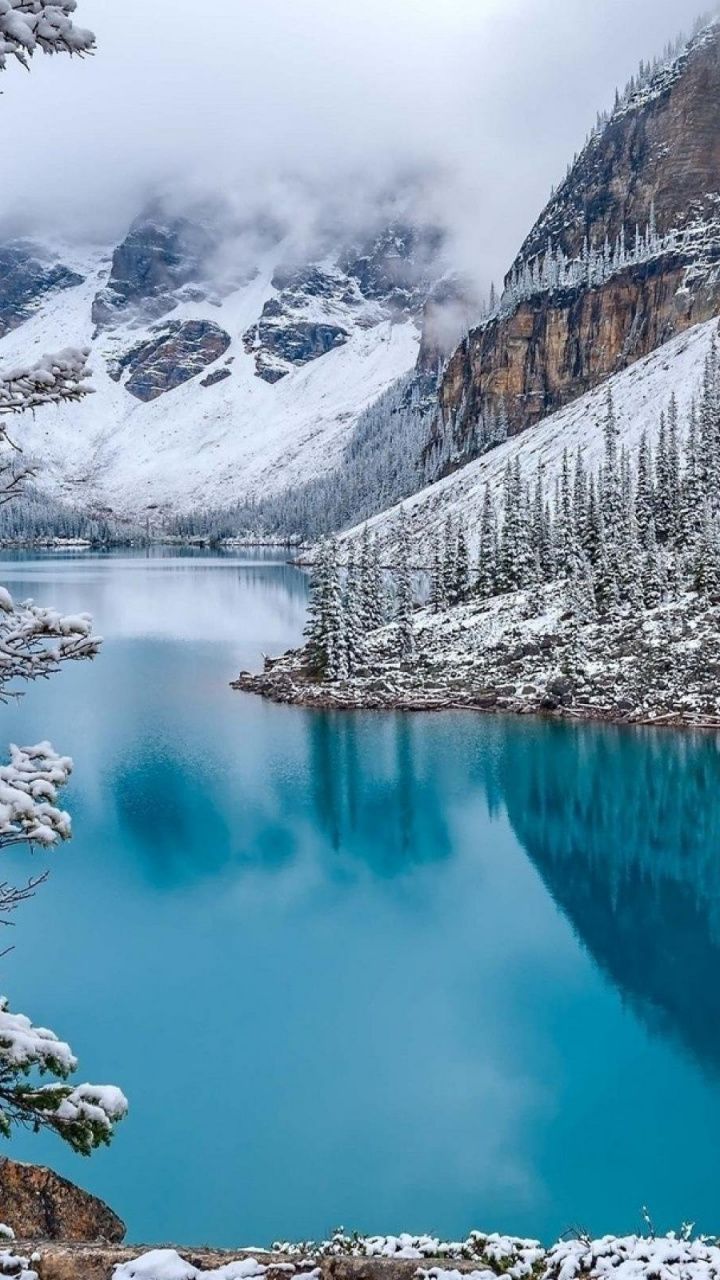 Lake Louise, Mountain, Banff, Reflection, Mount Scenery Mountain Lake Winter Wallpaper & Background Download