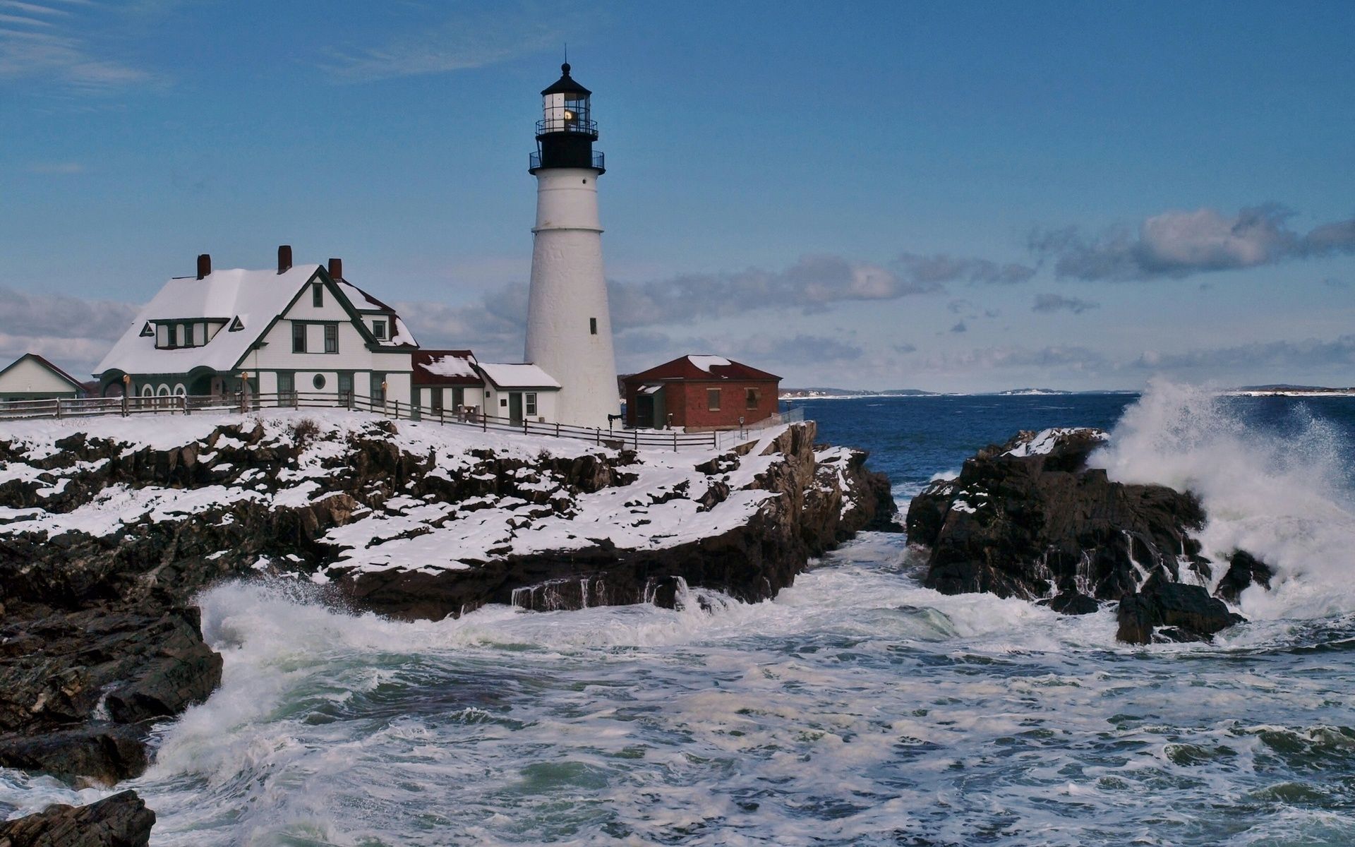 Lighthouse On A Rough Seashore In Winter Wide Wallpaper (1920×1200)