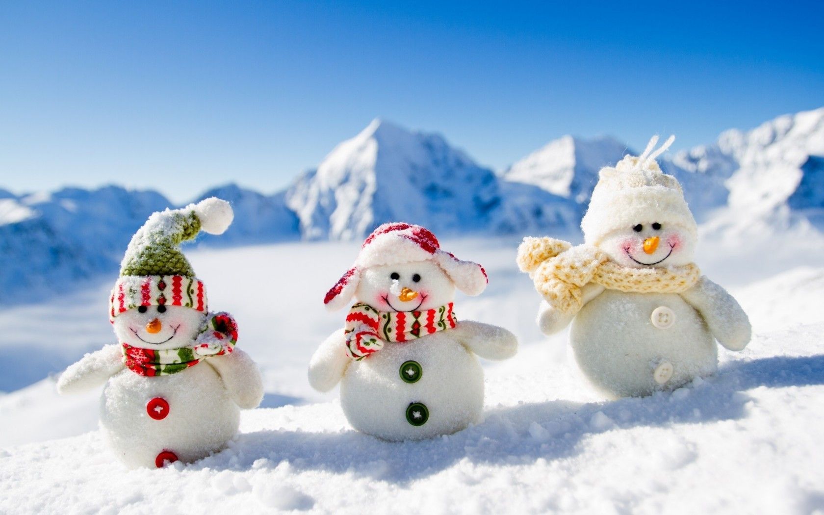 Winter holiday happy snow man with blur landscape on background