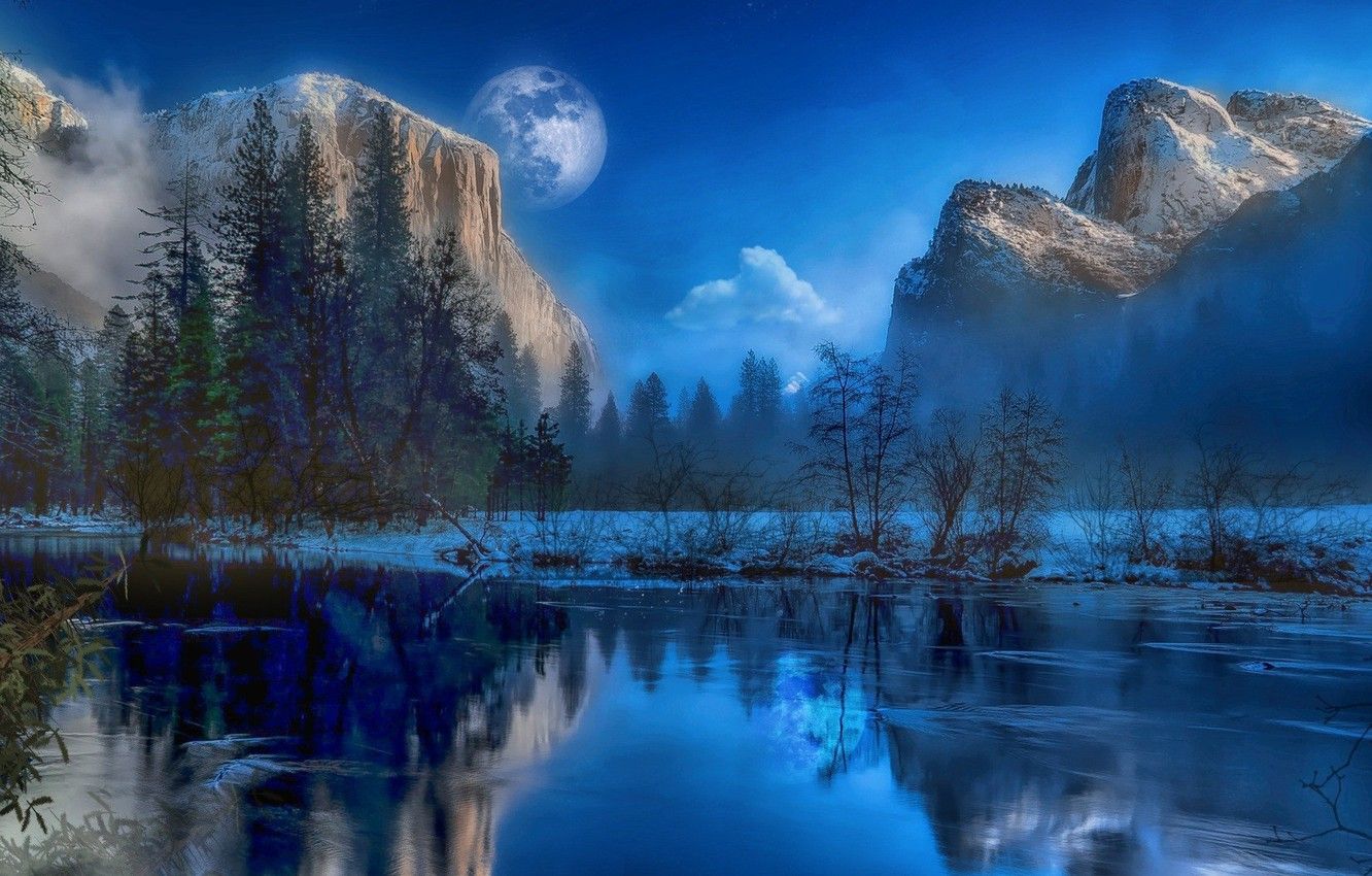 Wallpaper winter, mountains, lake, the moon, ice image for desktop, section пейзажи
