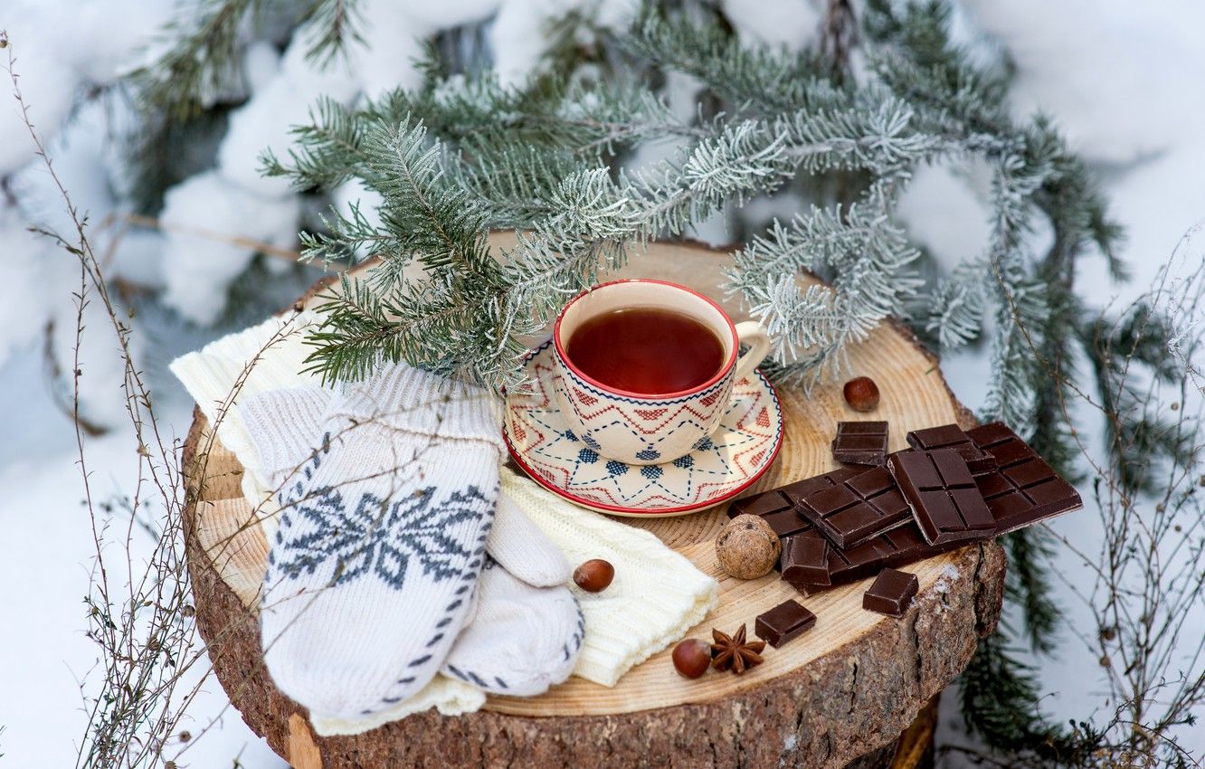Wallpaper winter, snow, decoration, tea, toys, tree, chocolate, New Year, Christmas, Cup, happy, Christmas, vintage, winter, snow, New Year image for desktop, section новый год