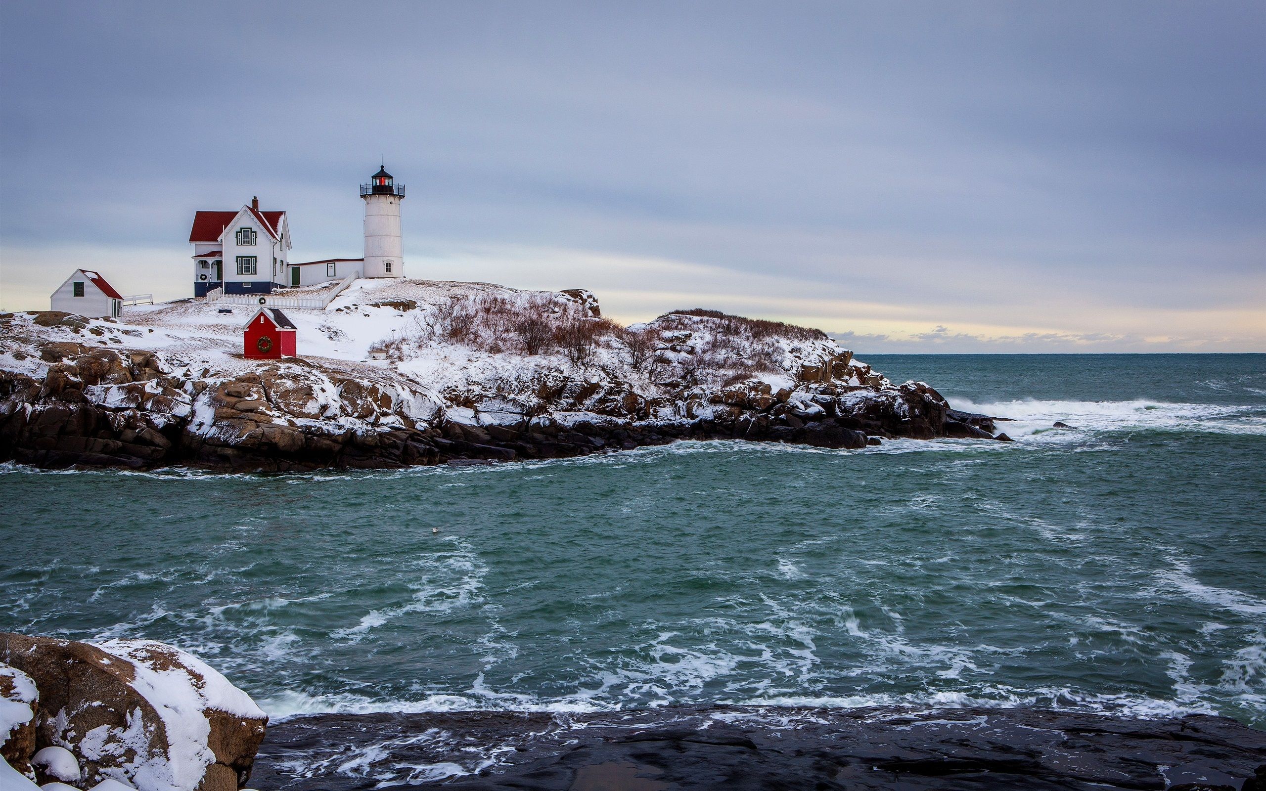 Wallpaper Sea, snow, winter, coast, house, lighthouse 2560x1600 HD Picture, Image