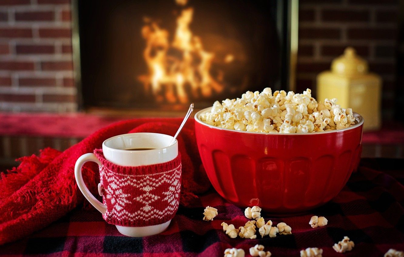 Wallpaper winter, heat, tea, Cup, fireplace, popcorn image for desktop, section еда