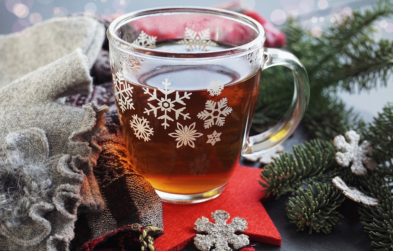 Wallpaper winter, snowflakes, tea, tree, mug, Cup, plaid, Christmas, New Year image for desktop, section новый год