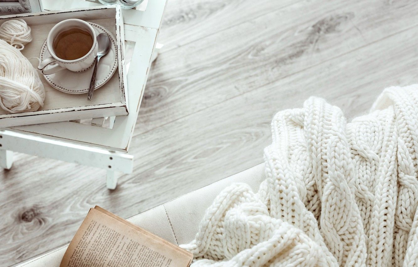 Wallpaper winter, white, snow, wool, scarf, book, white, hot, winter, snow, cup, Cup of tea image for desktop, section стиль