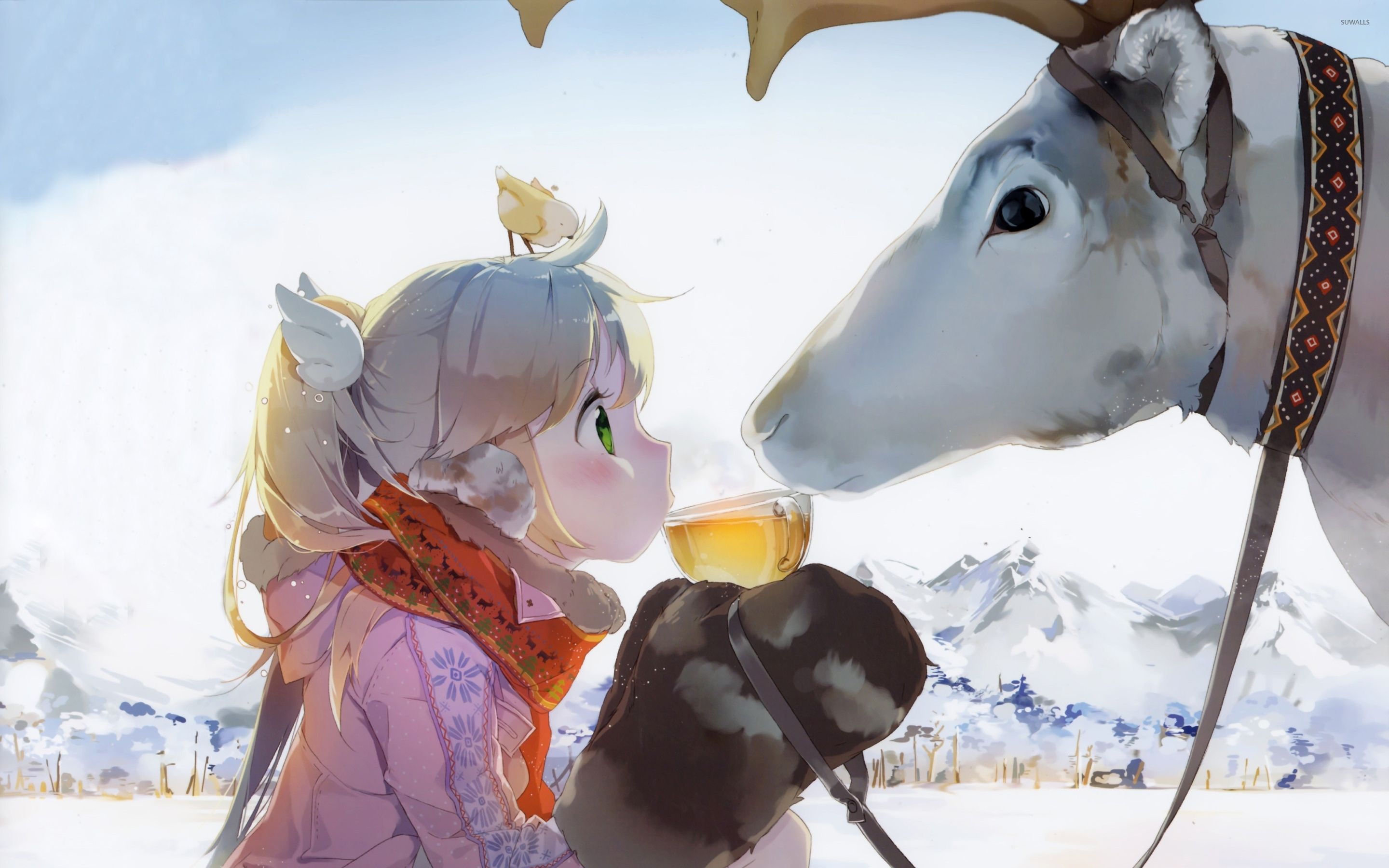 Girl sharing a tea with a Reindeer wallpaper wallpaper