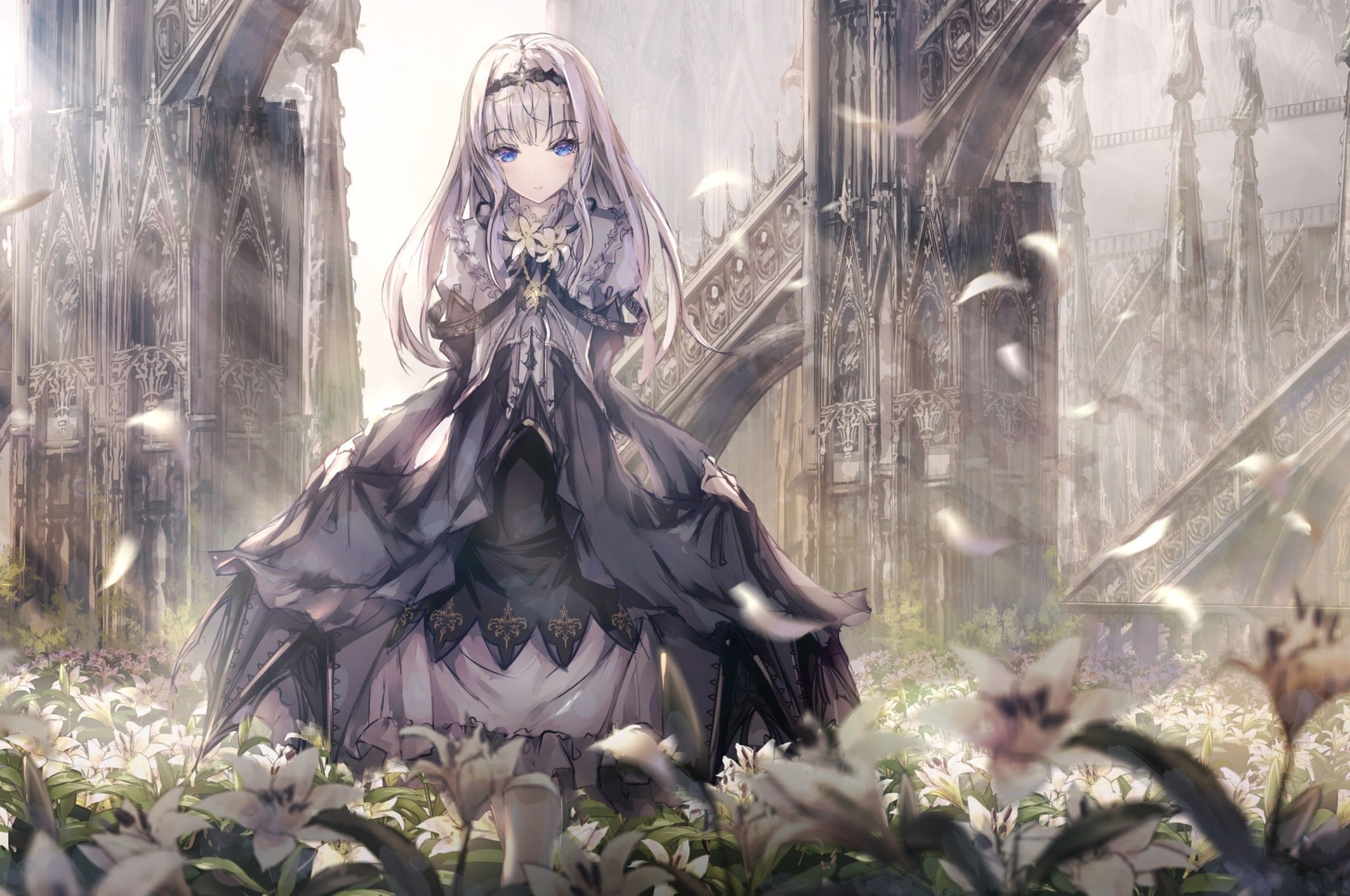 Download 2560x1700 Anime Girl, Lolita Dress, Garden, Fantasy World, Flowers, Blue Eyes Wallpaper for Chromebook Pixel