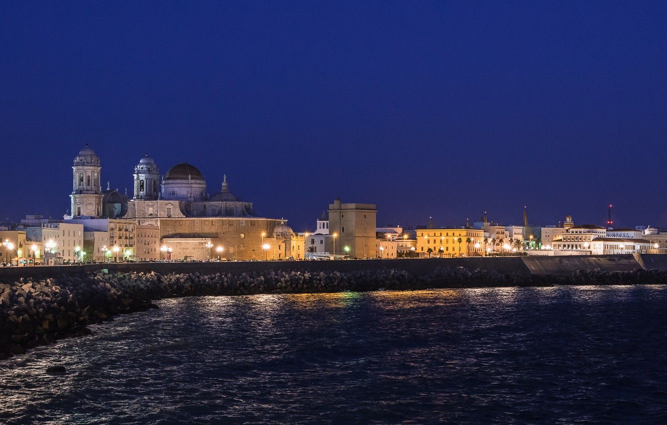Wallpaper sea, night, lights, home, Spain, Cadiz image for desktop, section город