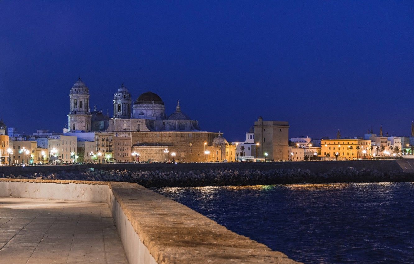 Wallpaper night, lights, home, Cathedral, Spain, promenade, Cadiz image for desktop, section город