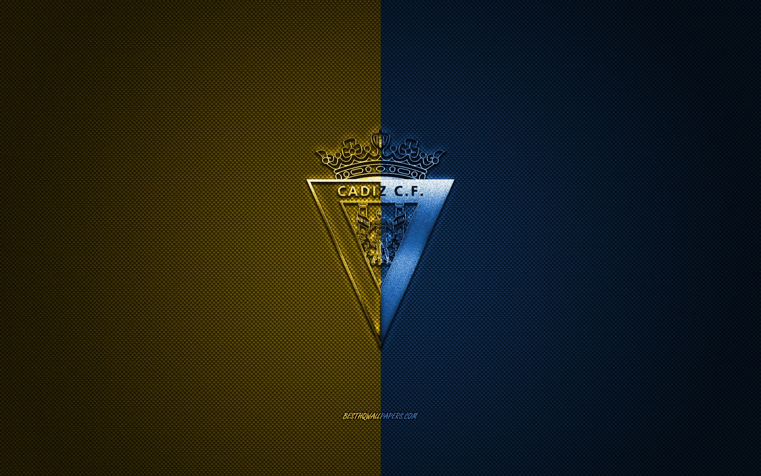 Download wallpaper Cadiz CF, Spanish football club, La Liga 2, yellow blue logo, yellow blue carbon fiber background, football, Cadiz, Spain, Cadiz CF logo for desktop with resolution 2560x1600. High Quality HD