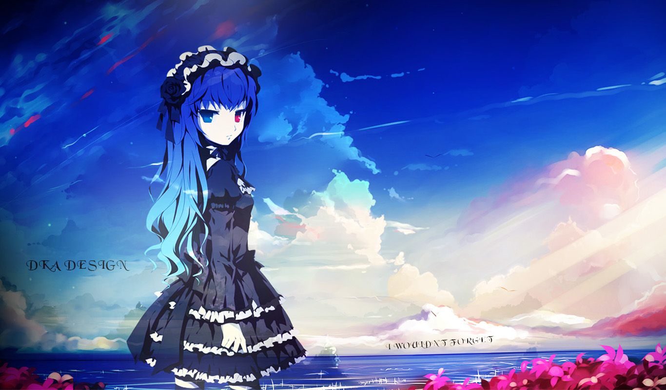 Anime Girls Manga Heterochromia Gothic Lolita Blue Hair Text Wallpaper:1366x800