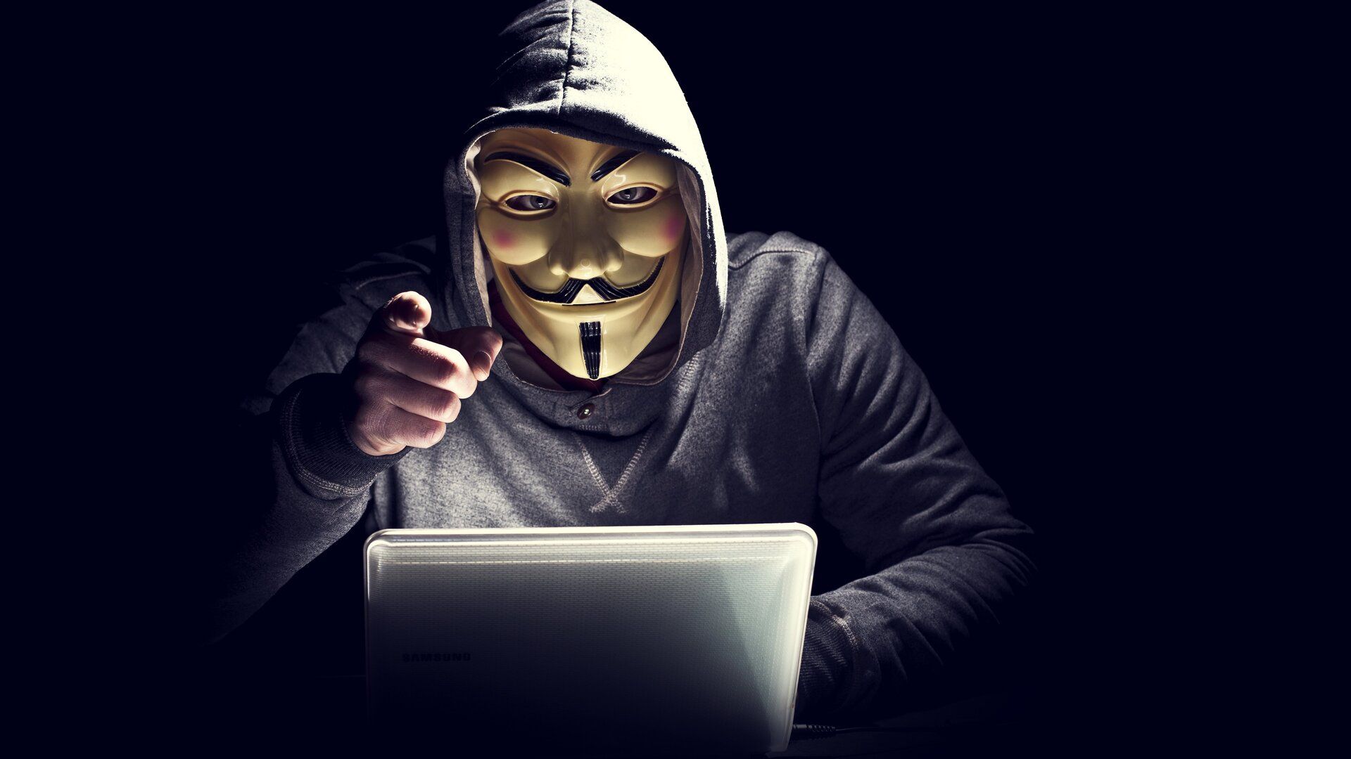 Anonymus Hacker In Mask Pointing Finger Laptop Full HD 1080P HD 4k Wallpaper, Image, Background, Photo and Picture