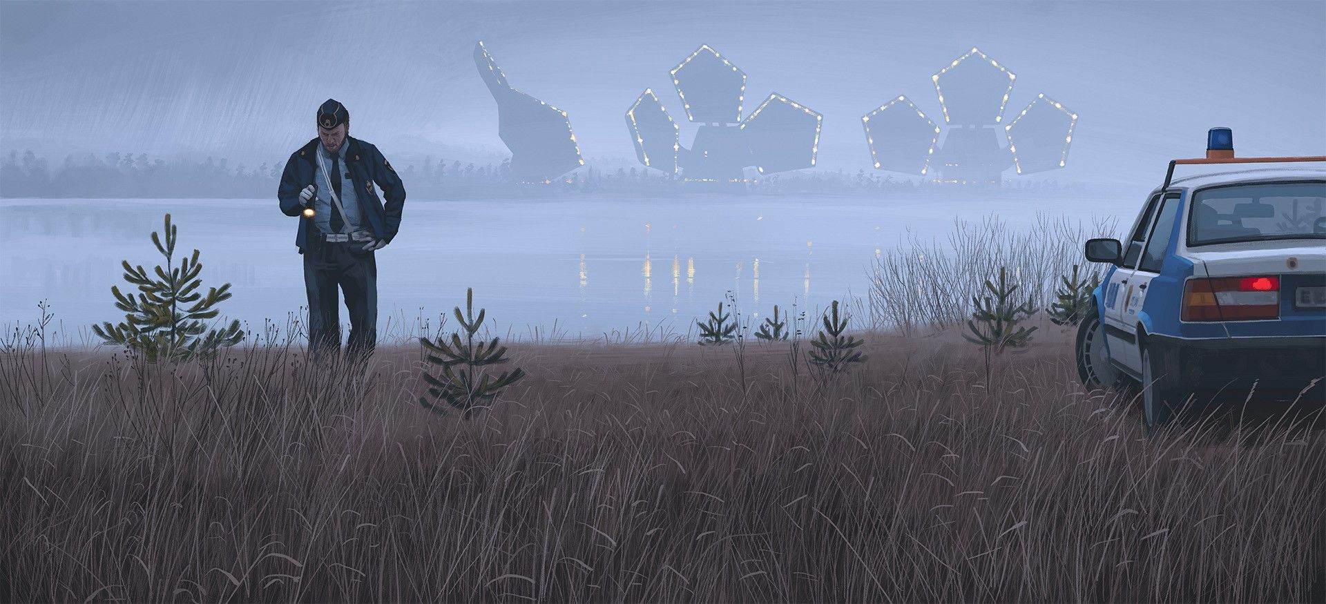 Wallpaper / artwork, Simon Stålenhag, science fiction, futuristic, police cars, wheat, Tales From The Loop