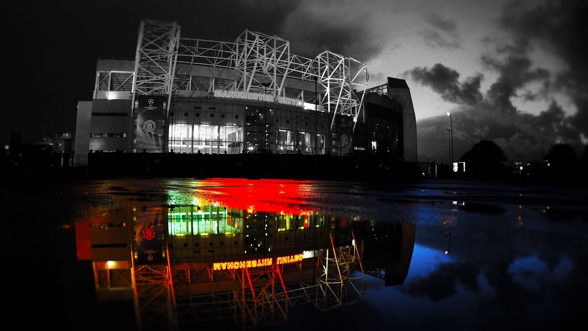 Manchester United Stadium At Night HD Wallpaper