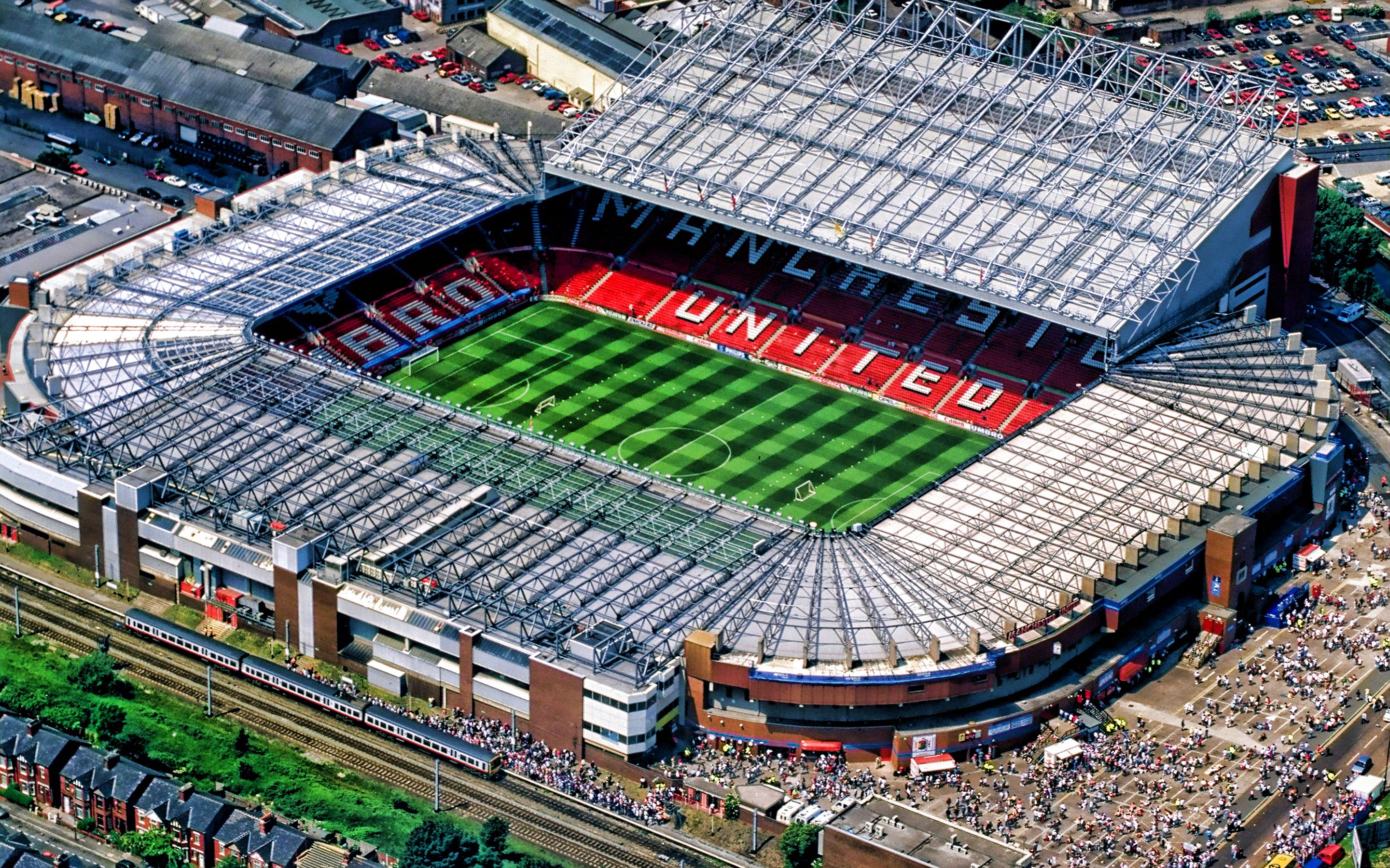 Download wallpaper Old Trafford, soccer, aerial view, Red Devils Stadium, HDR, Manchester United Stadium, football stadium, Manchester United FC, english stadiums for desktop with resolution 2880x1800. High Quality HD picture wallpaper