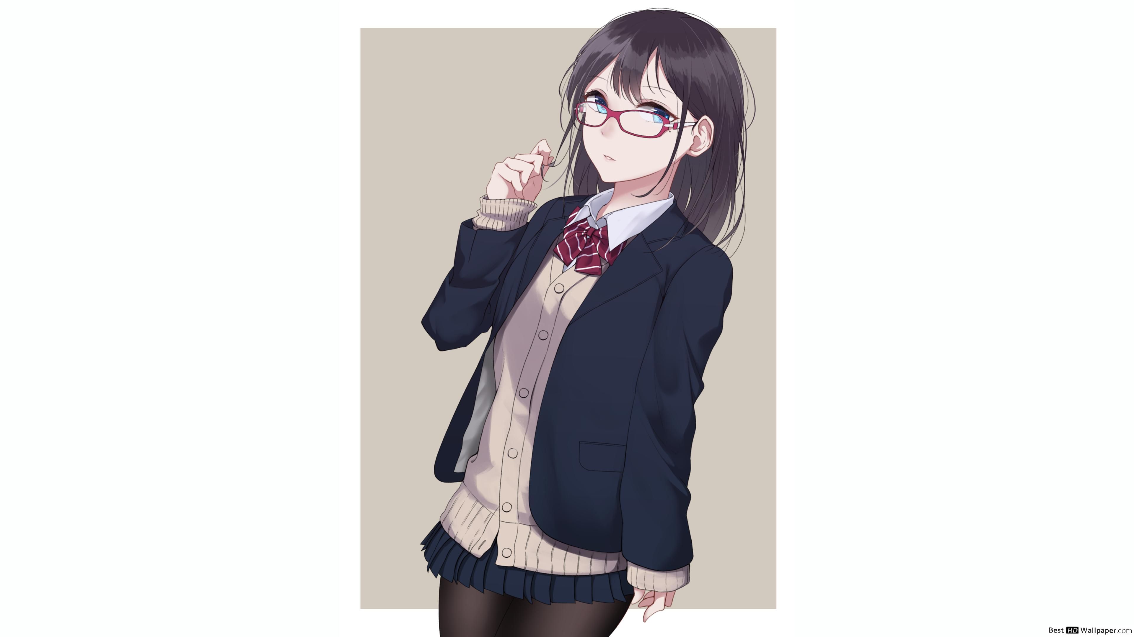 Anime girl with eye glasses in school uniform HD wallpaper download