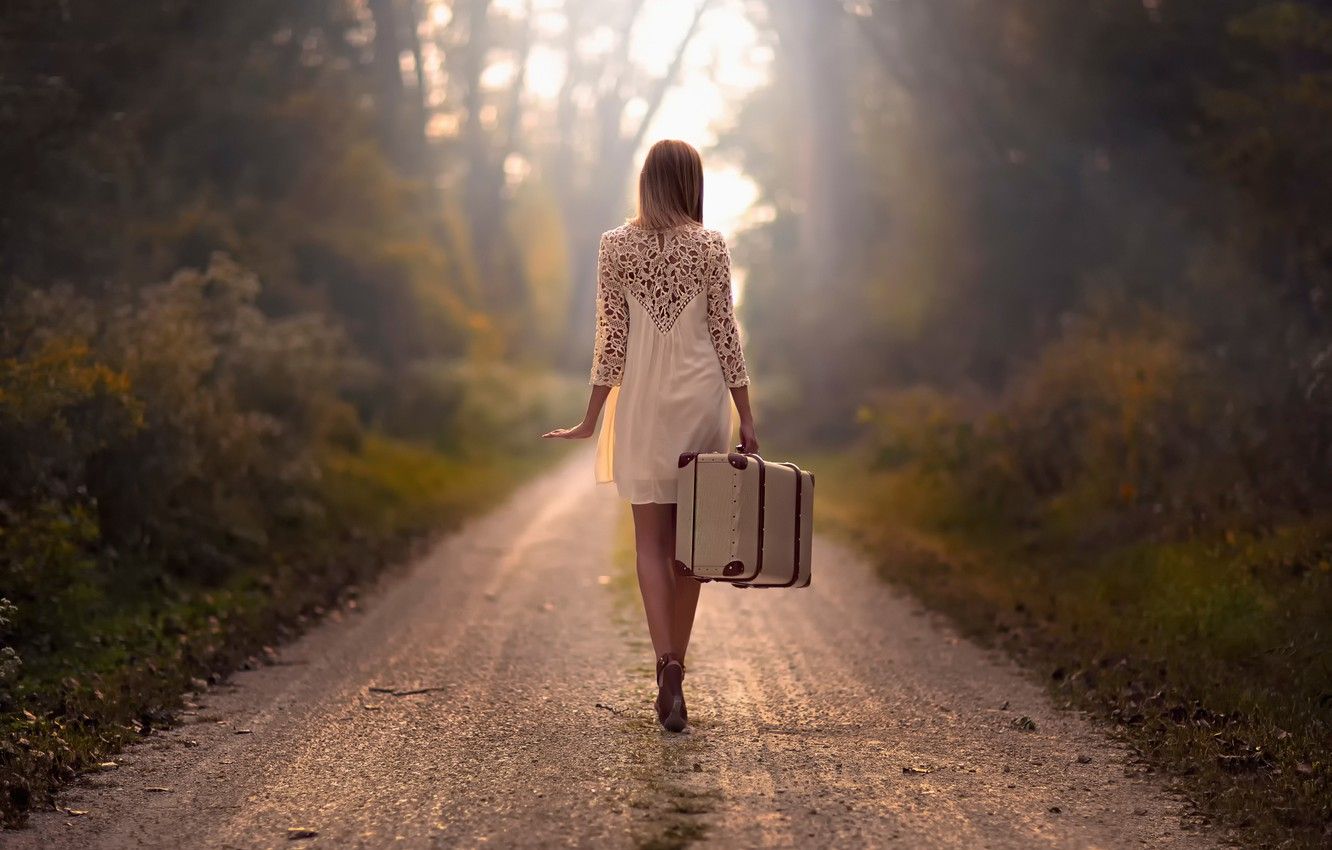 Wallpaper road, girl, the way, suitcase image for desktop, section ситуации