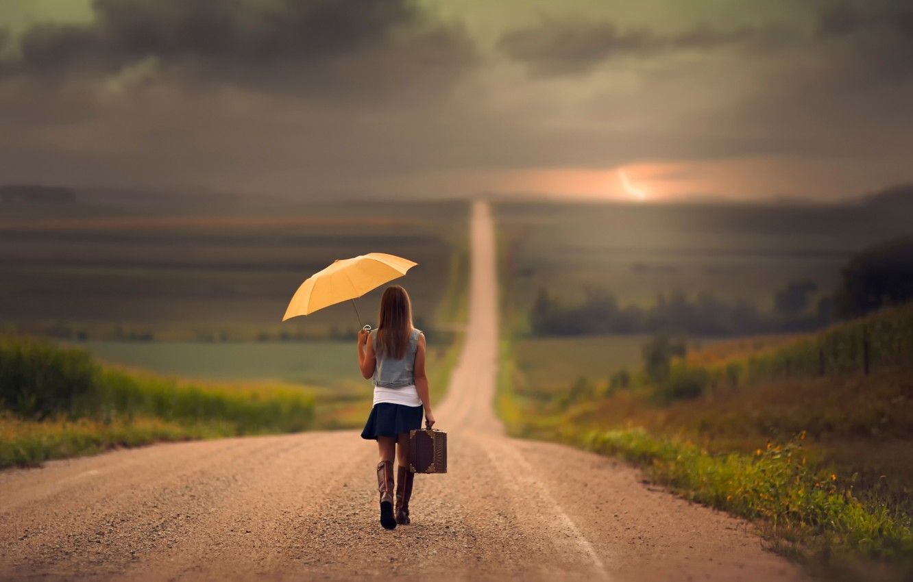 Wallpaper road, girl, the way, umbrella, space, girl, suitcase, care image for desktop, section ситуации