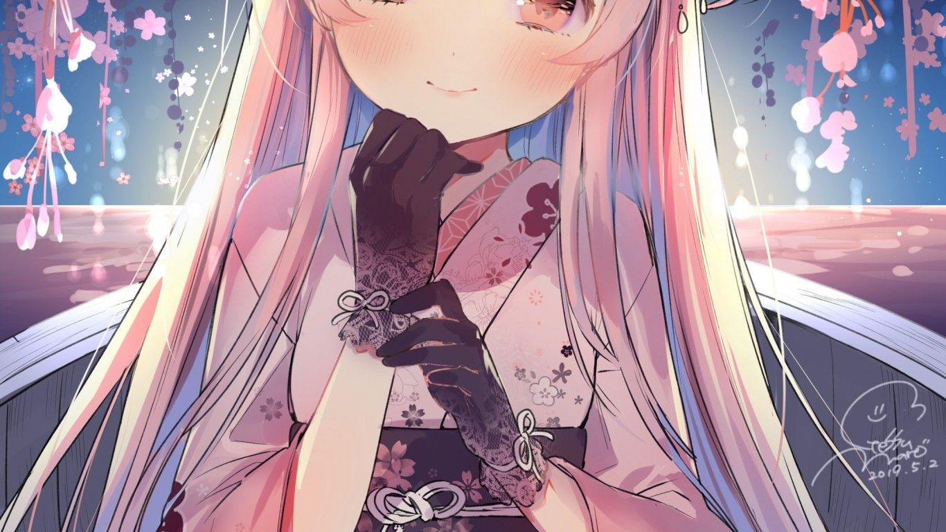 Anime Girl, Long Hair, Kimono, Moe, Cute, Gloves, Flowers HD Wallpaper
