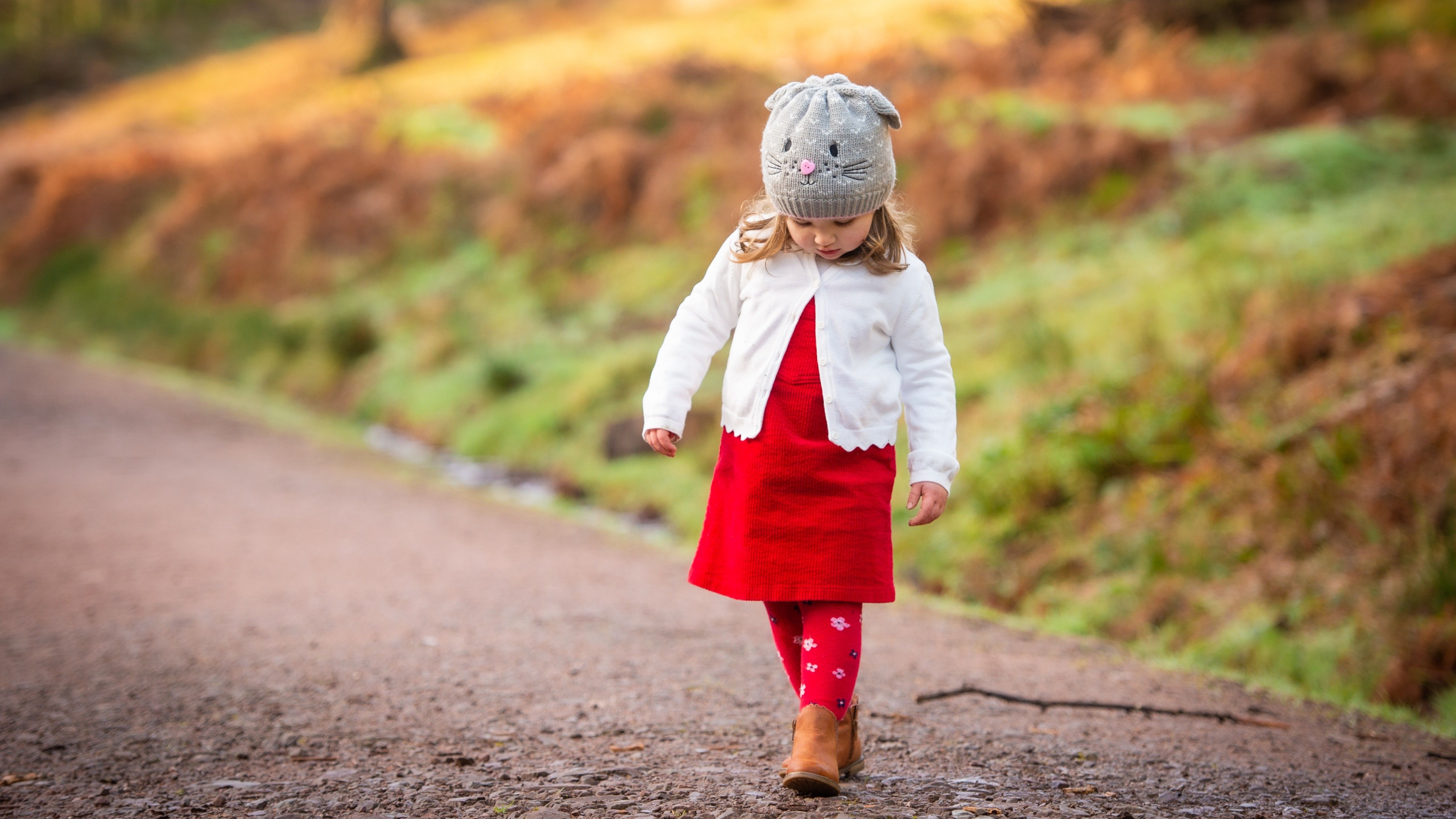 Cute girl 4K Wallpaper, Child, Adorable, Road, Red dress, Winter, Cold, Cute