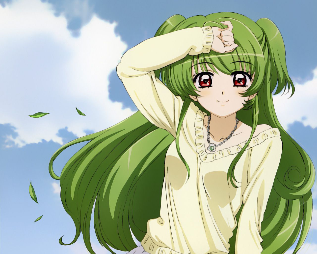 Inukami, red eyes, green hair, necklaces, anime, anime girls wallpaper