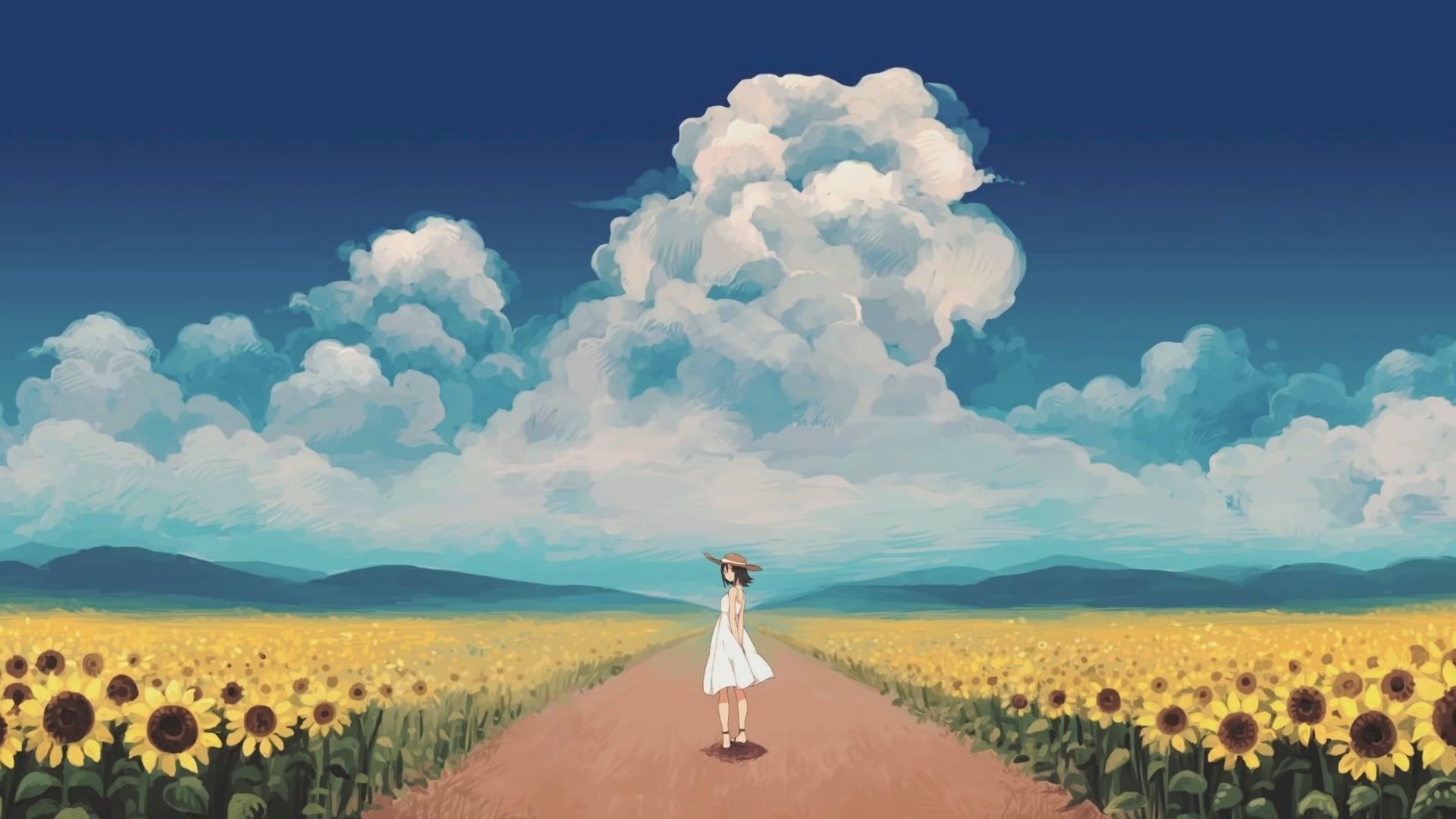 Desktop wallpaper sunny day, sunflowers, farm, anime girl, original, HD image, picture, background, 0e94d9