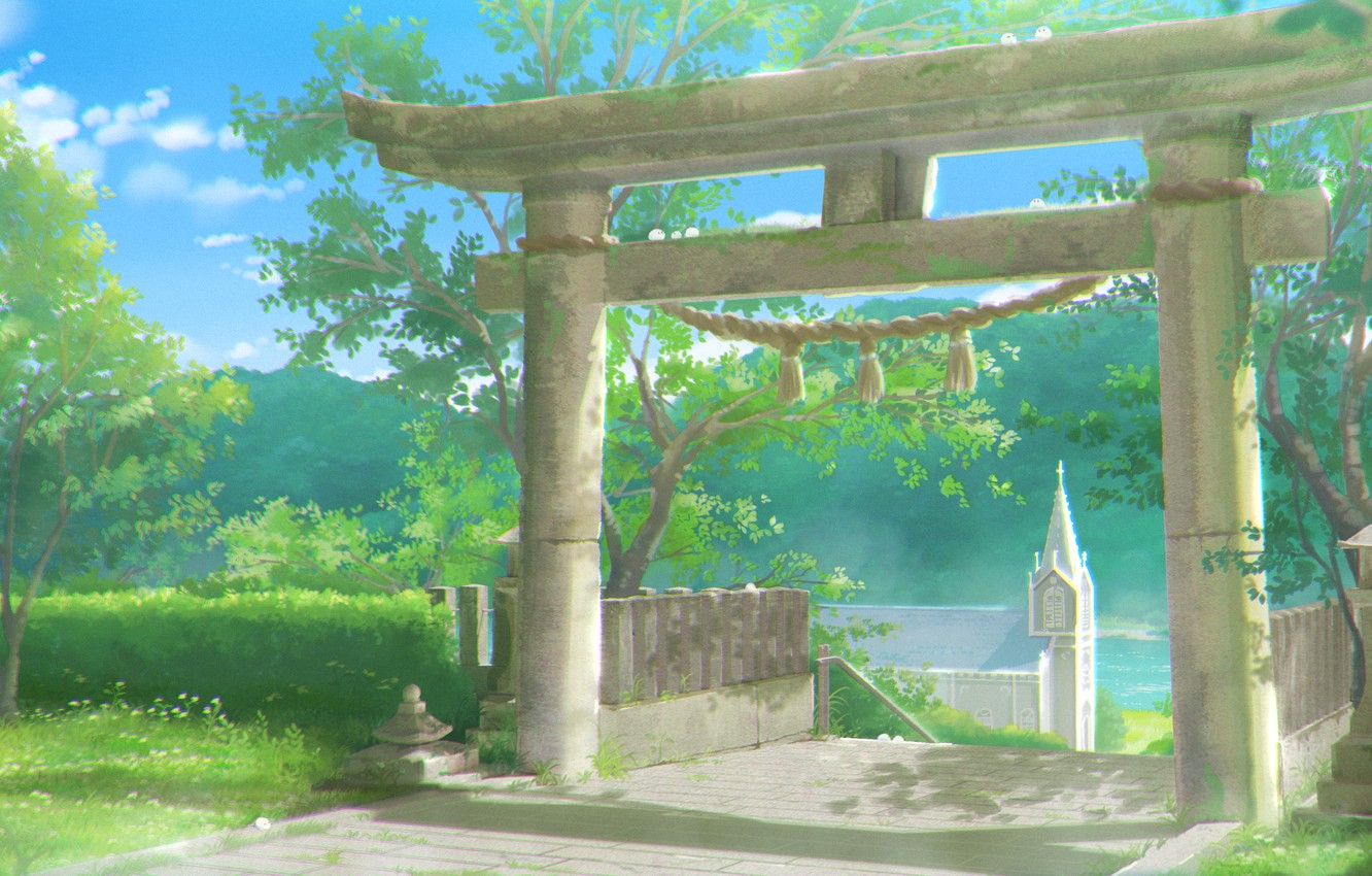 Wallpaper rope, Japan, Sunny day, blue sky, green leaves, torii gate, by Sachiko15 image for desktop, section арт
