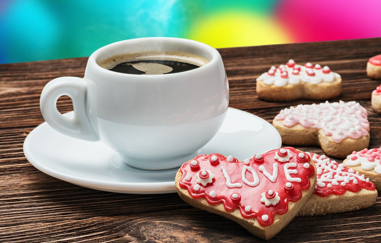 Wallpaper love, coffee, cookies, Cup, valentine's day image for desktop, section настроения