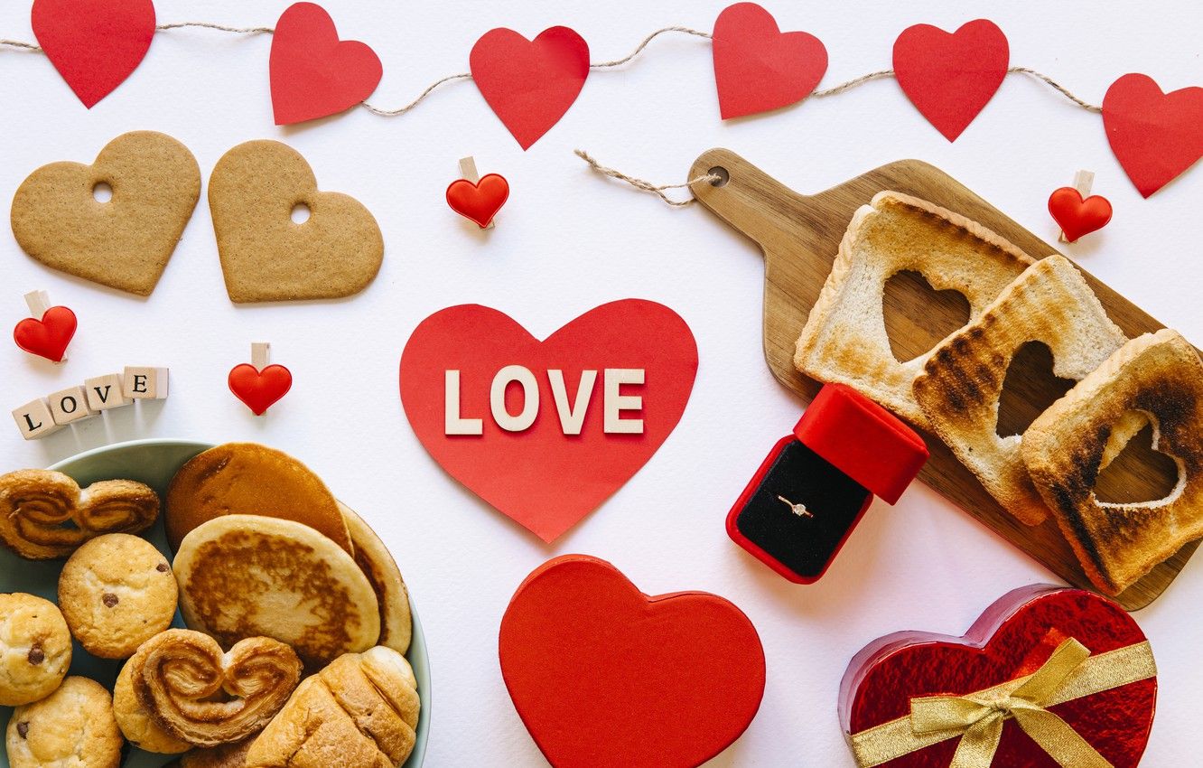 Wallpaper love, box, heart, Breakfast, cookies, ring, gifts, Valentine's Day image for desktop, section праздники