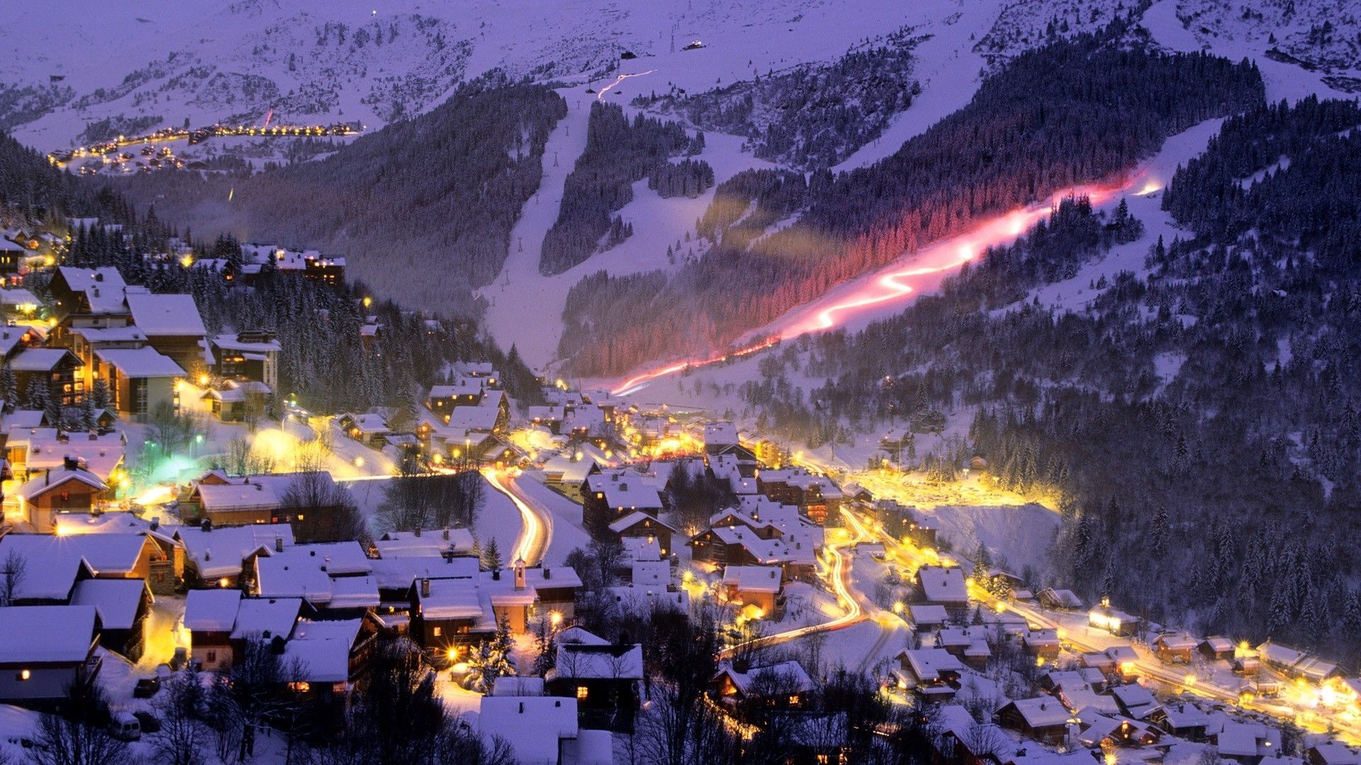 Resort sports ski snowboard mountains nature slopes light timelapse buildings winter snow night house wallpaperx1080